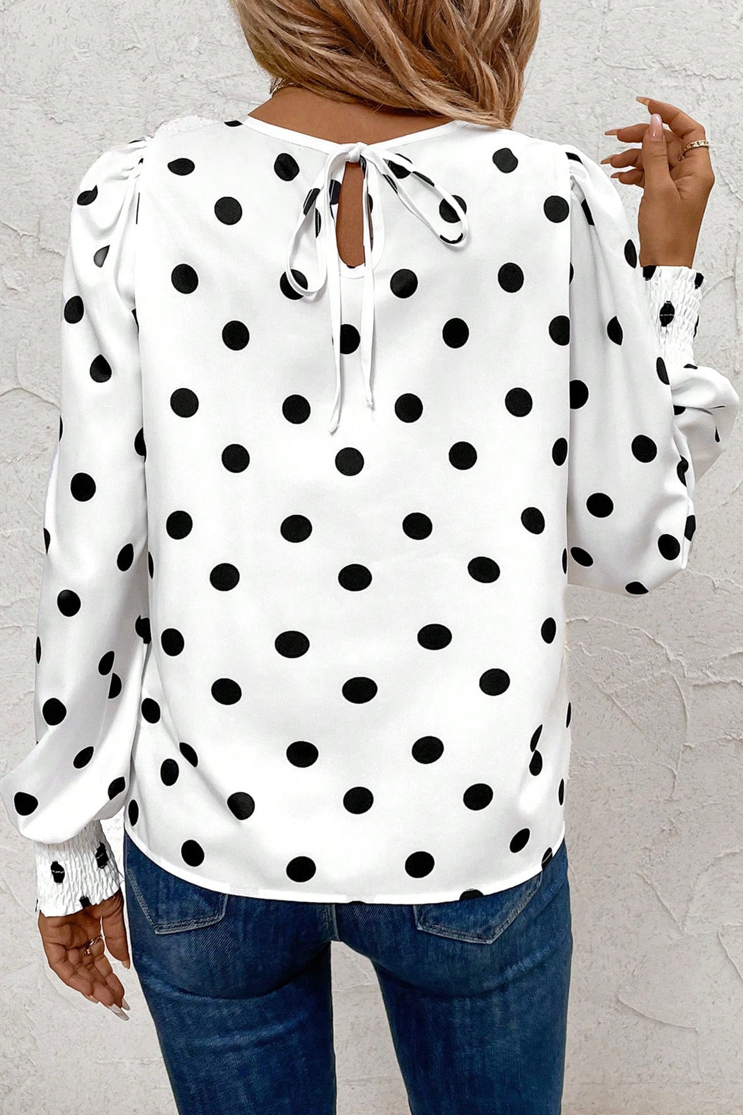 White Polka Dot Print Round Neck Frilled Long Sleeve Blouse-Tops/Blouses & Shirts-[Adult]-[Female]-2022 Online Blue Zone Planet
