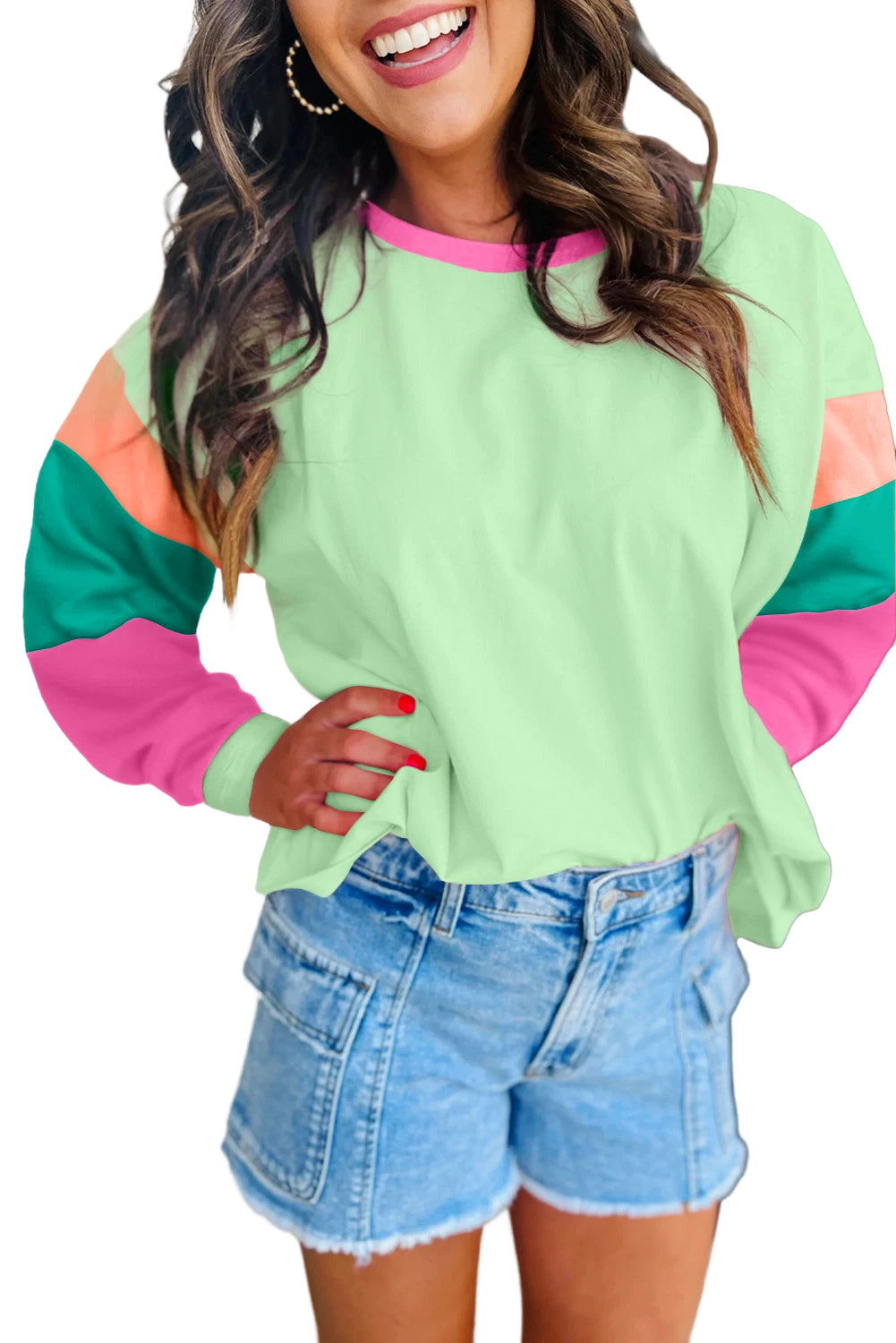 Green Colorblock Patchwork Long Sleeve Loose Top-Tops/Long Sleeve Tops-[Adult]-[Female]-2022 Online Blue Zone Planet