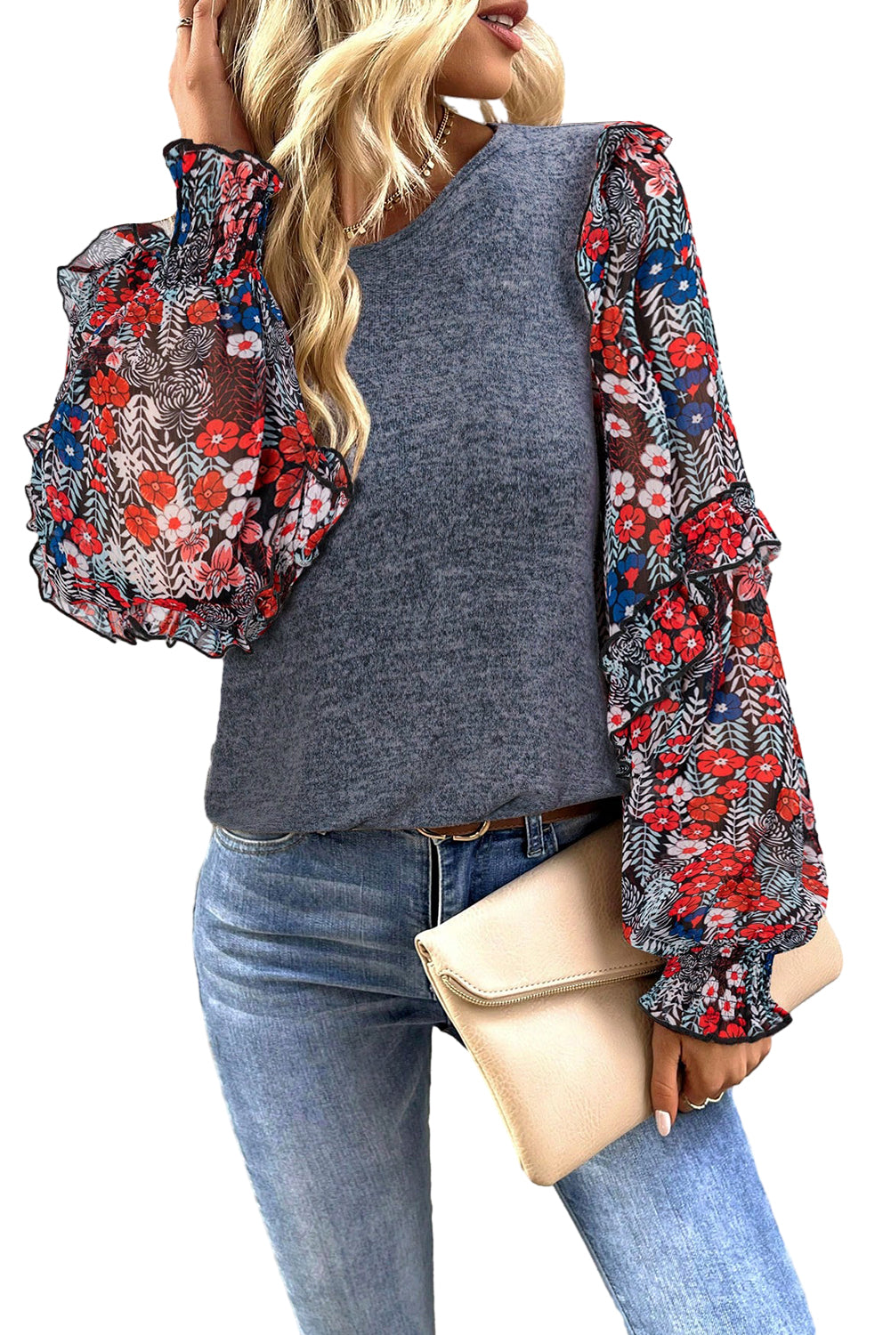 Blue Ruffle Tiered Floral Sleeve Crew Neck Blouse-Tops/Blouses & Shirts-[Adult]-[Female]-2022 Online Blue Zone Planet