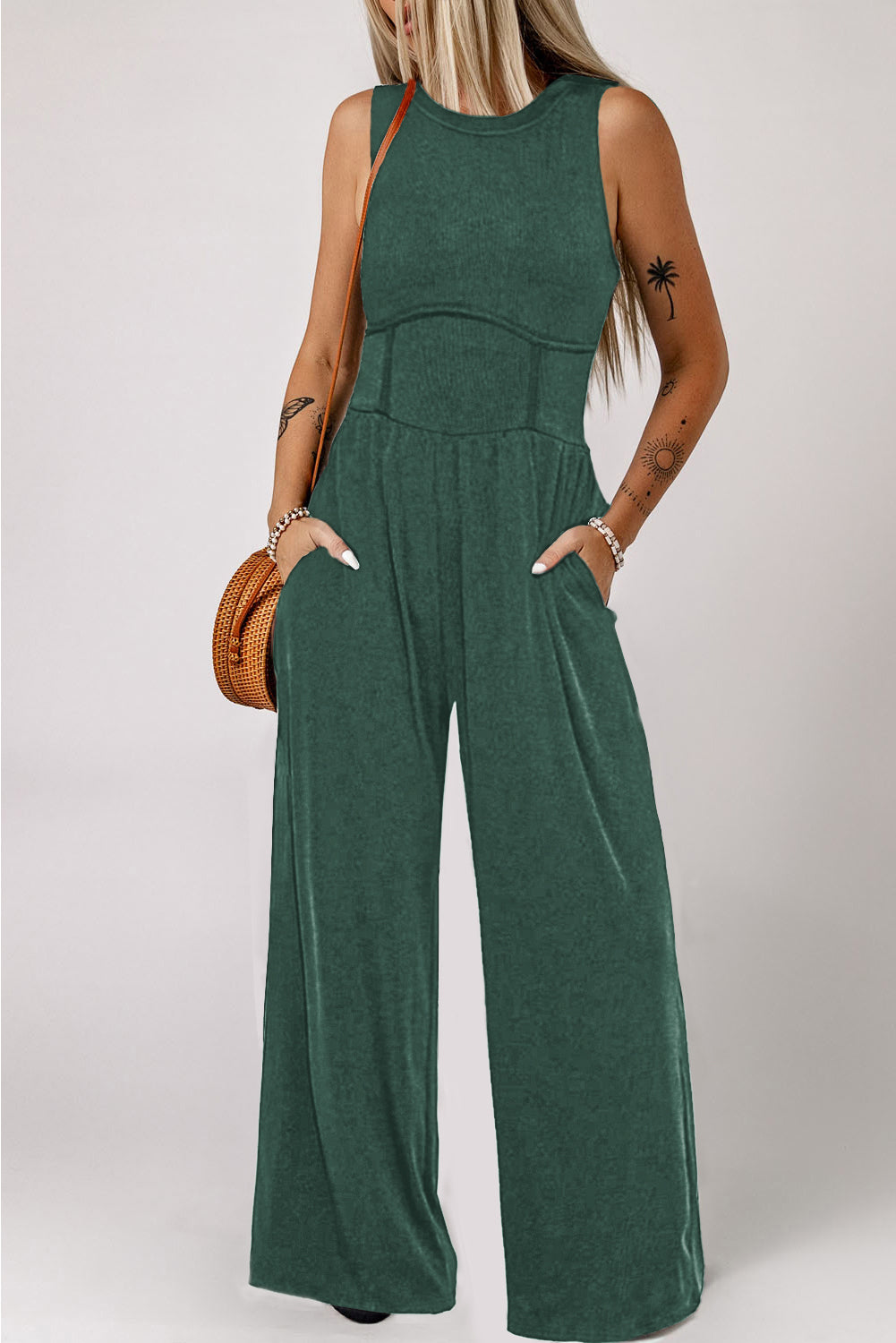 Round Neck Sleeveless Jumpsuit-TOPS / DRESSES-[Adult]-[Female]-Black Forest-S-2022 Online Blue Zone Planet