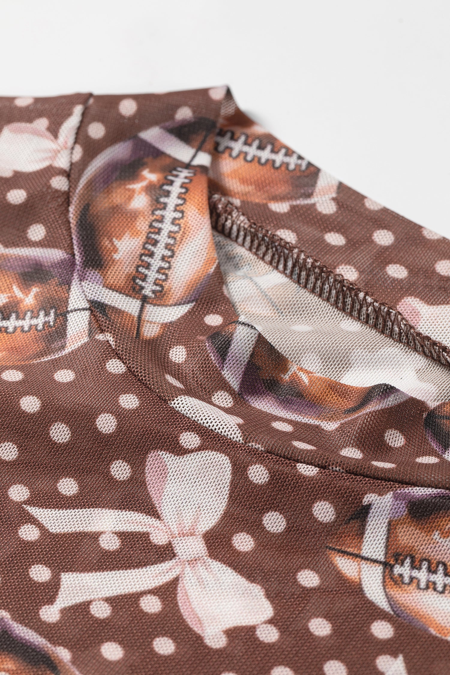 Brown Polka Dot Bow Printed Game Day Vibes Mesh Long Sleeve Top-Tops/Long Sleeve Tops-[Adult]-[Female]-2022 Online Blue Zone Planet