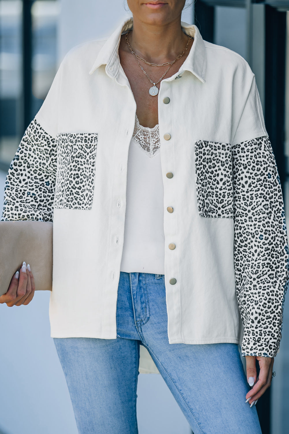 White Contrast Leopard Denim Jacket-Outerwear/Denim jackets-[Adult]-[Female]-2022 Online Blue Zone Planet