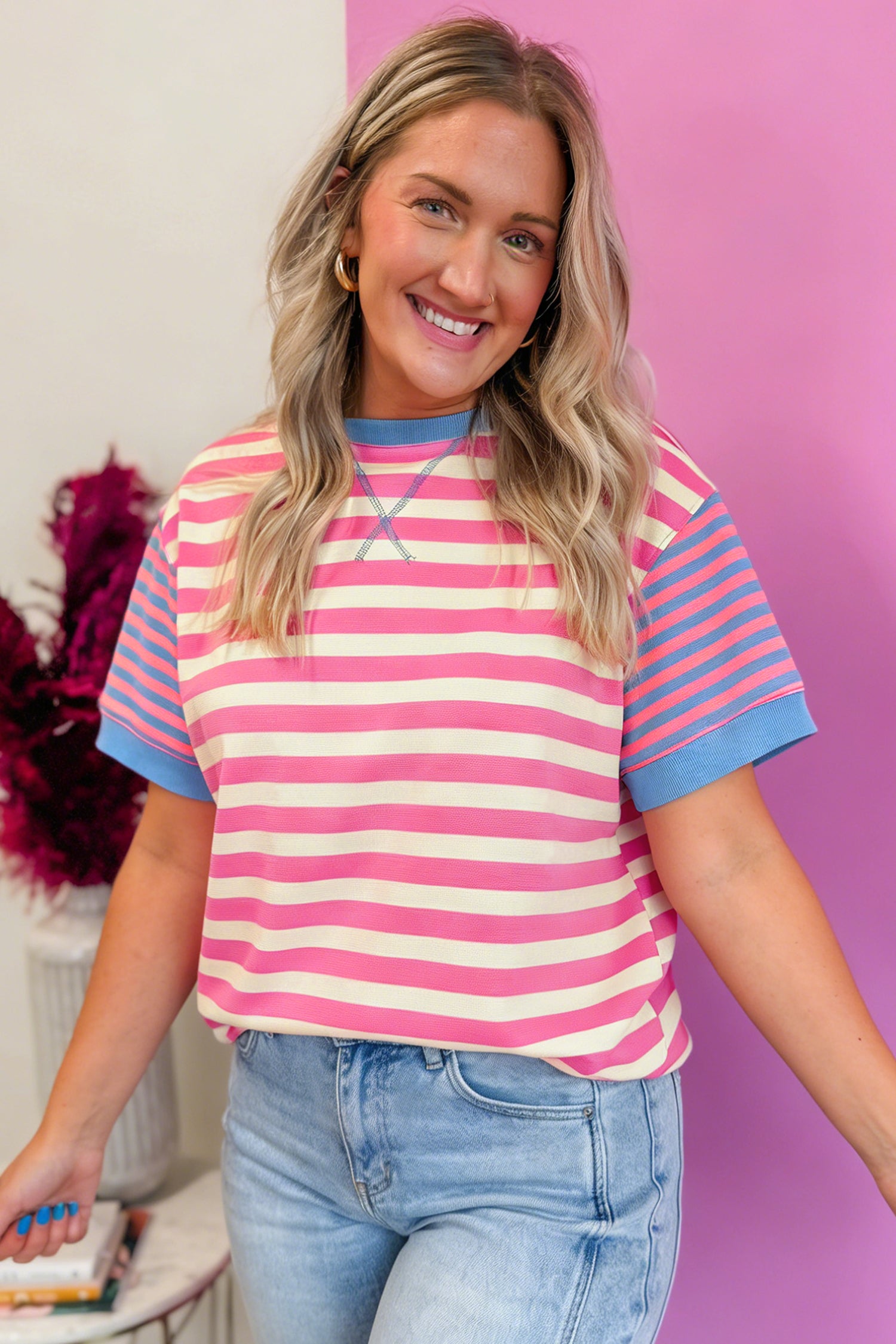 Pink Stripe Contrast Patchwork Short Sleeve Loose Tee-Tops/Tops & Tees-[Adult]-[Female]-2022 Online Blue Zone Planet