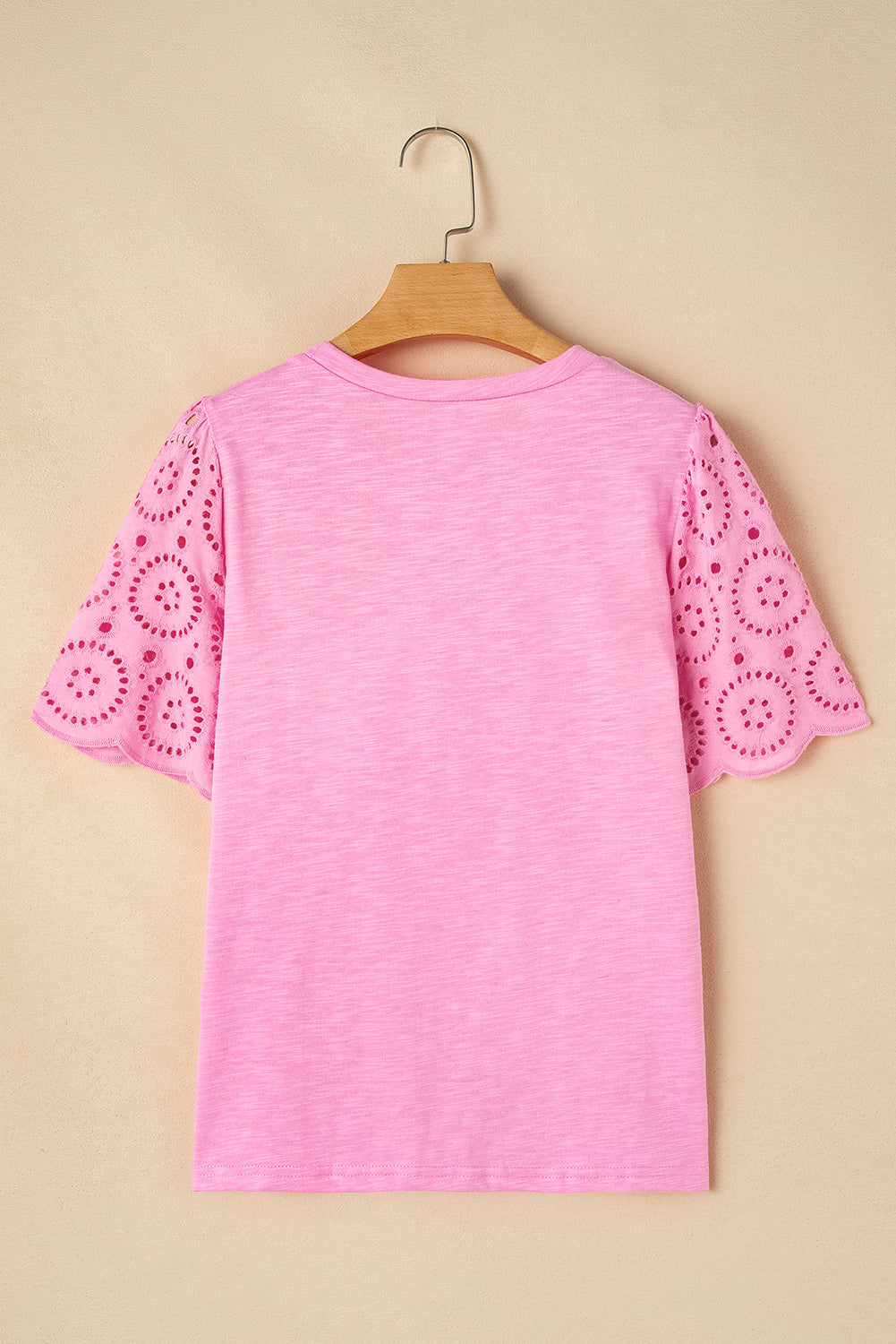 Pink Eyelet Embroidery Scalloped Sleeve Round Neck T Shirt-Tops/Tops & Tees-[Adult]-[Female]-2022 Online Blue Zone Planet
