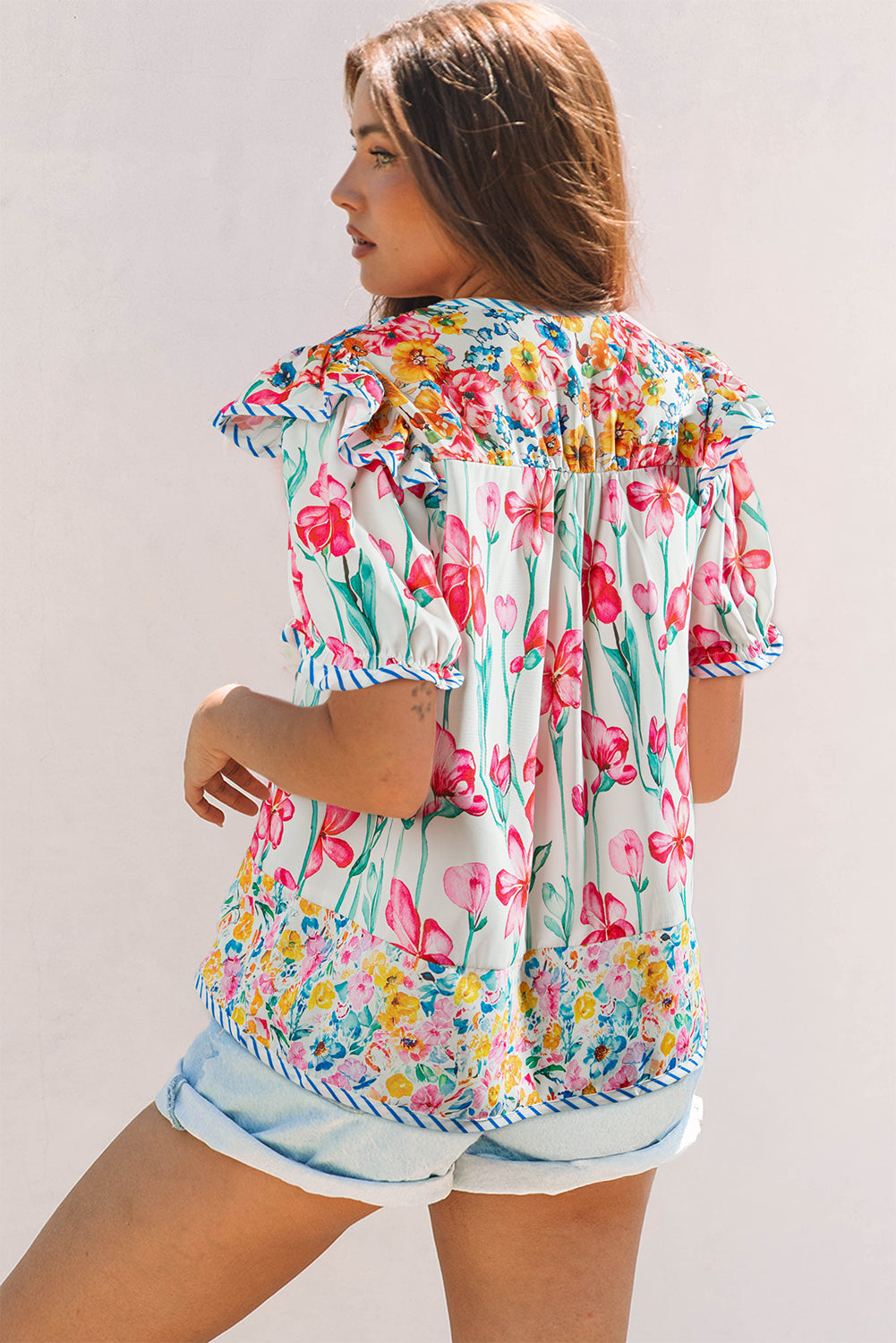 Pink Floral Print Striped Detail Split Neck Short Sleeve Blouse-Tops/Blouses & Shirts-[Adult]-[Female]-2022 Online Blue Zone Planet