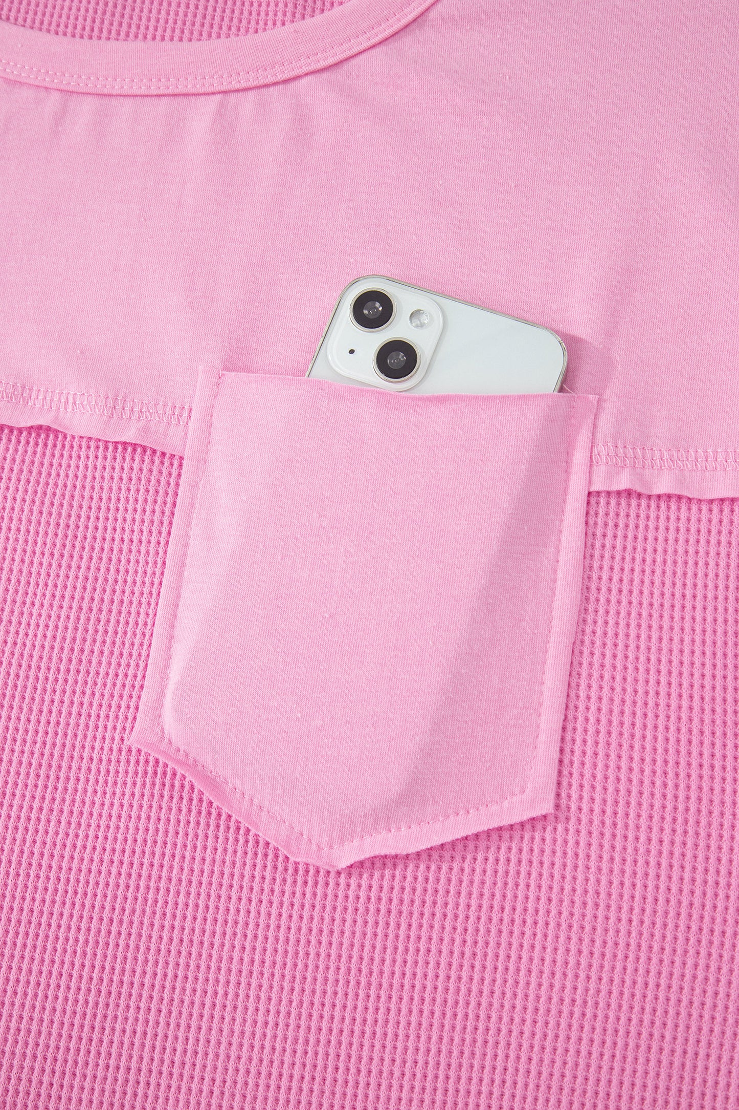 Pink Solid Color Raw Seam Waffled Patchwork Casual T Shirt-Tops/Tops & Tees-[Adult]-[Female]-2022 Online Blue Zone Planet