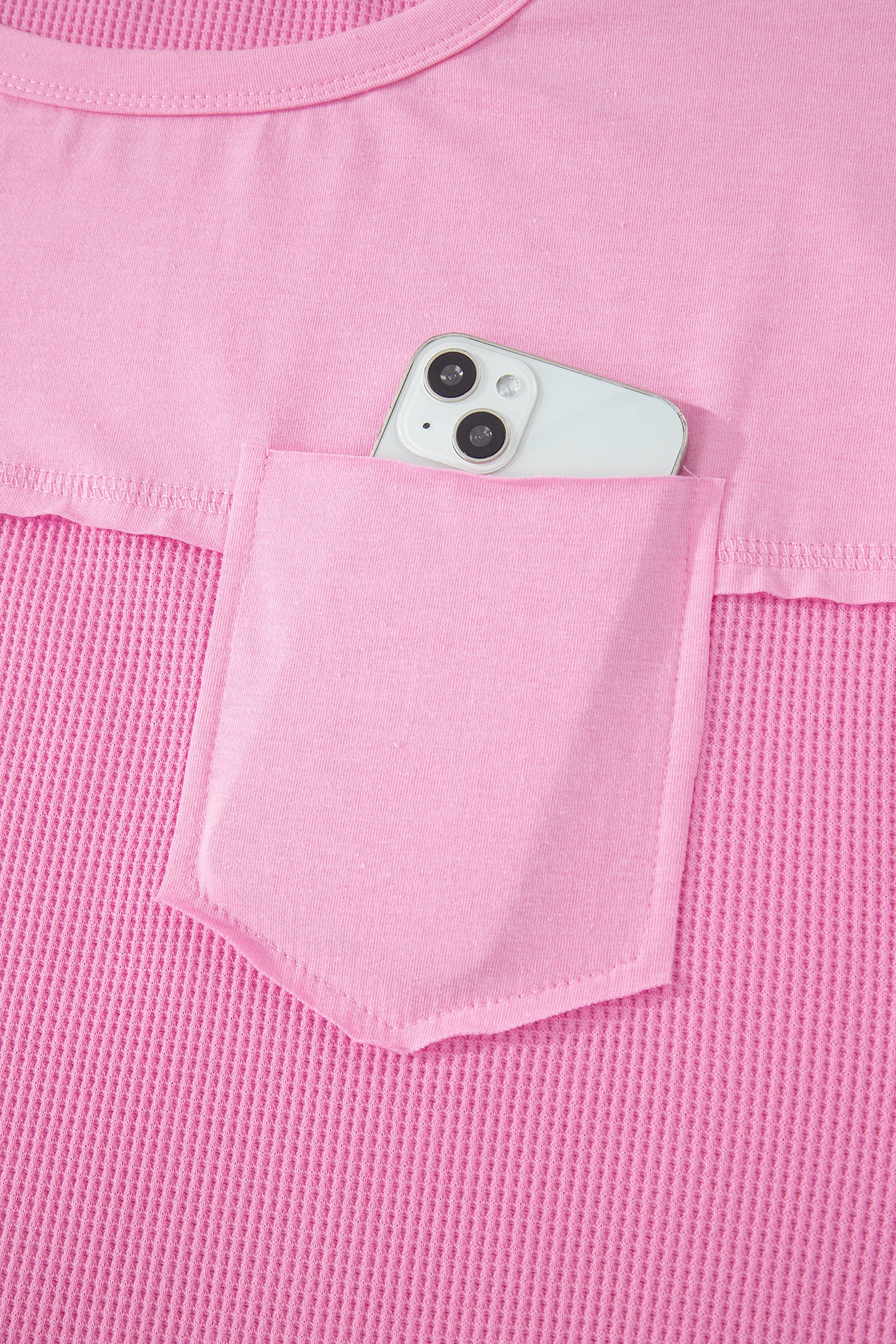 Pink Solid Color Raw Seam Waffled Patchwork Casual T Shirt-Tops/Tops & Tees-[Adult]-[Female]-2022 Online Blue Zone Planet