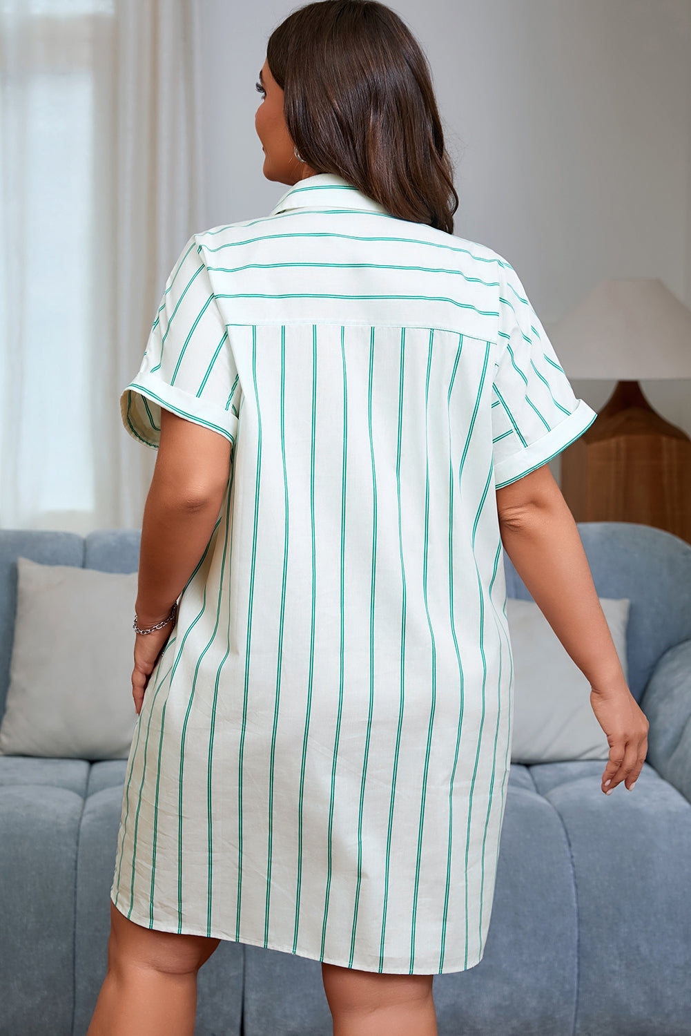 Green Stripe Plus Size St Patricks Day Short Sleeve Buttoned Shirt Dress-TOPS / DRESSES-[Adult]-[Female]-2022 Online Blue Zone Planet