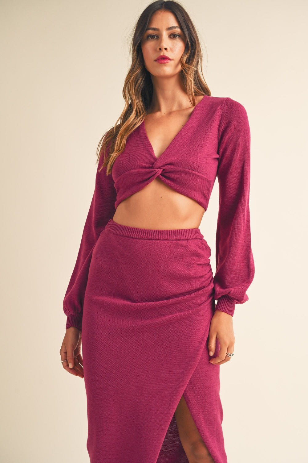 MABLE Front Twisted Knit Top and Midi Skirt Set-TOPS / DRESSES-[Adult]-[Female]-Magenta-S-2022 Online Blue Zone Planet