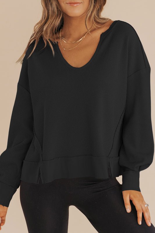 Black Waffle Knit Notched V Neck Drop Shoulder Solid Sweatshirt-Tops/Sweatshirts & Hoodies-[Adult]-[Female]-Black-S-2022 Online Blue Zone Planet