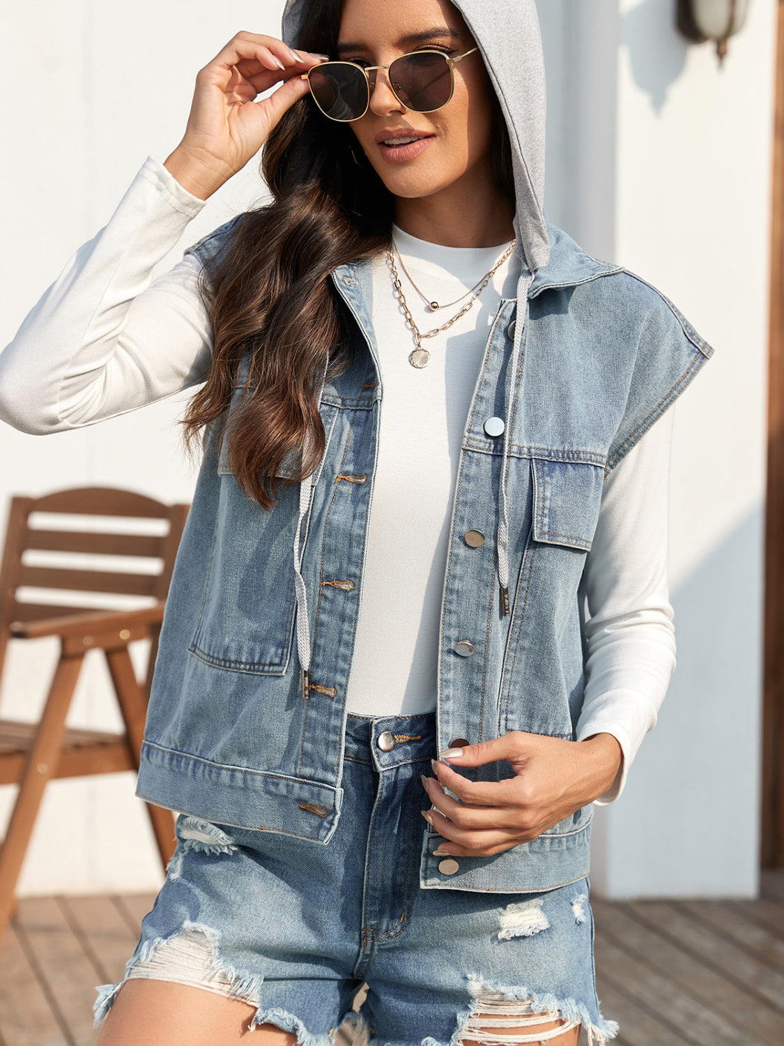 Drawstring Button Up Sleeveless Denim Jacket-TOPS / DRESSES-[Adult]-[Female]-2022 Online Blue Zone Planet