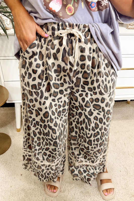 Khaki Exposed Seam Patched Pocket Plus Size Drawstring Leopard Wide Leg Pants-Plus Size/Plus Size Bottoms-[Adult]-[Female]-Khaki-1X-2022 Online Blue Zone Planet