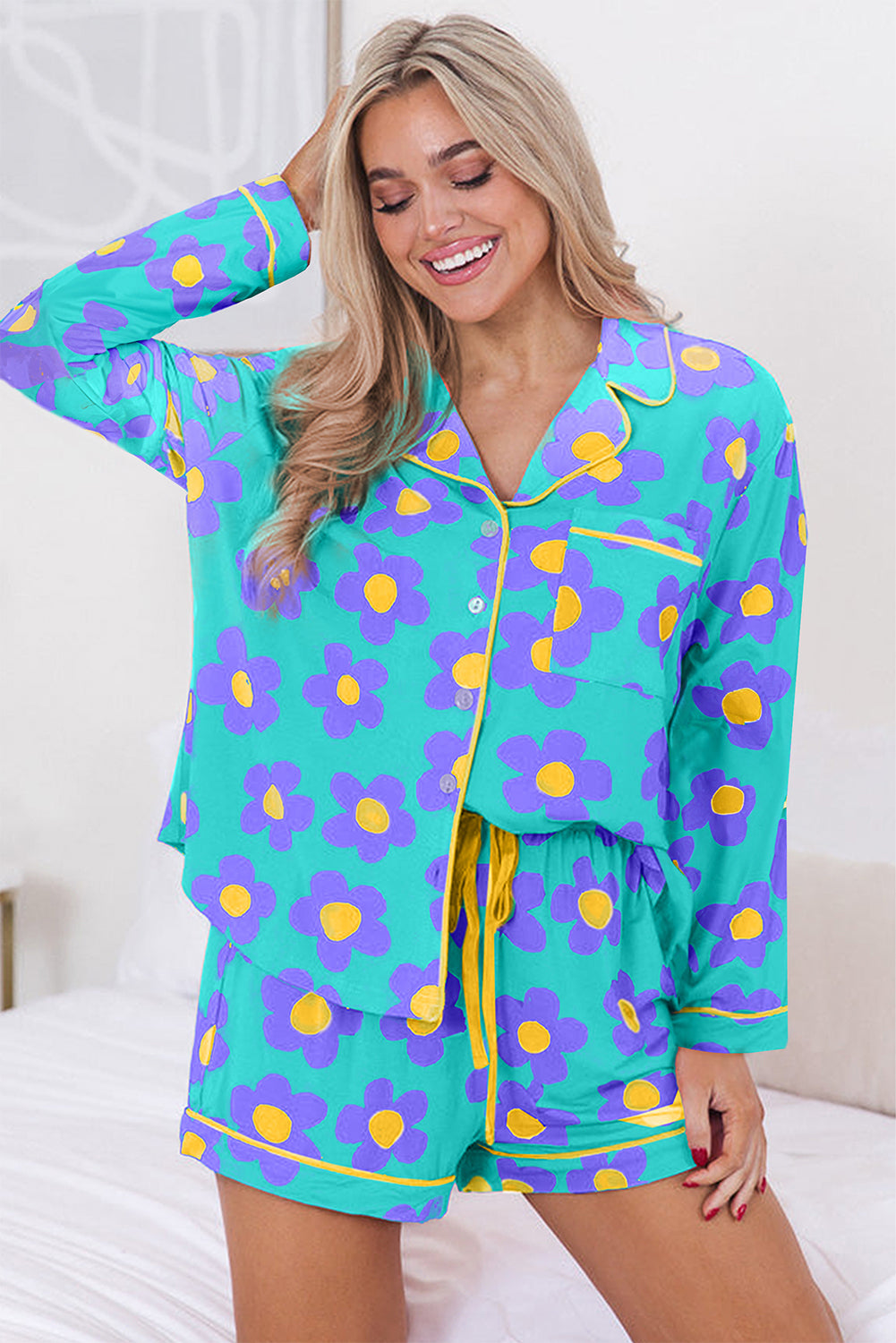 Green Flower Print Long Sleeve Shirt Shorts Pajamas Set-Loungewear & Sleepwear/Sleepwear-[Adult]-[Female]-2022 Online Blue Zone Planet