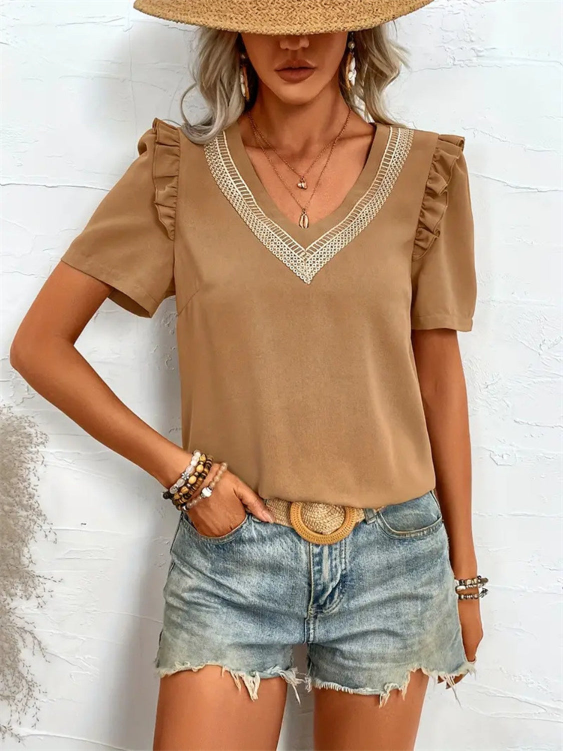 Ruffled V-Neck Short Sleeve Blouse-TOPS / DRESSES-[Adult]-[Female]-Camel-S-2022 Online Blue Zone Planet