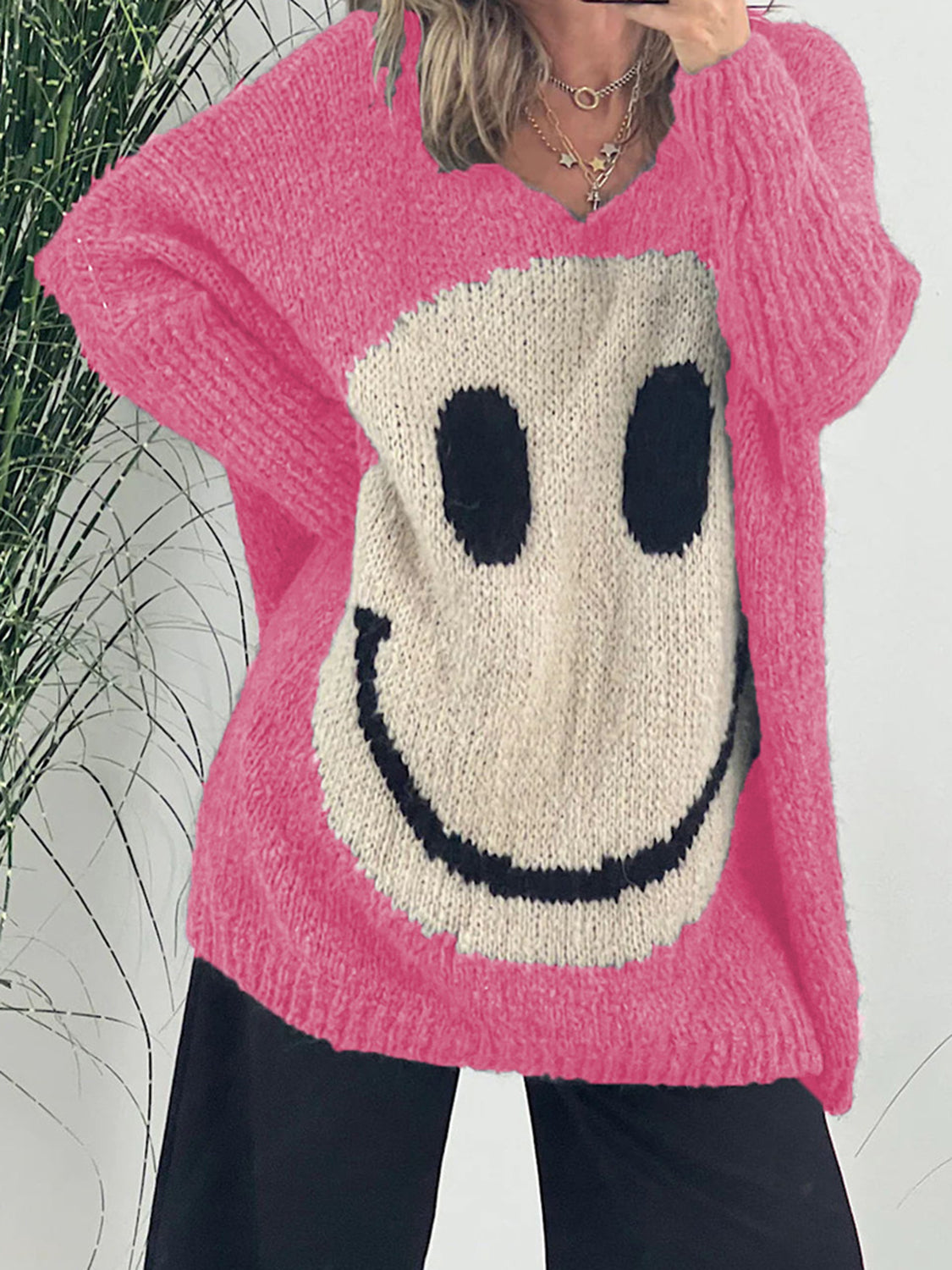 Smiling Face V-Neck Long Sleeve Sweater-TOPS / DRESSES-[Adult]-[Female]-Hot Pink-S /M-2022 Online Blue Zone Planet