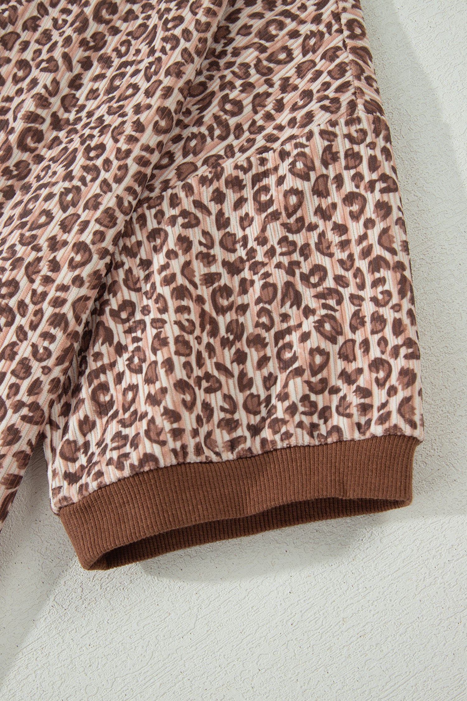 Brown Leopard Print Ribbed Patchwork Half Button Loose Tee Elastic Waist Short 2pcs Set-Two Piece Sets/Short Sets-[Adult]-[Female]-2022 Online Blue Zone Planet