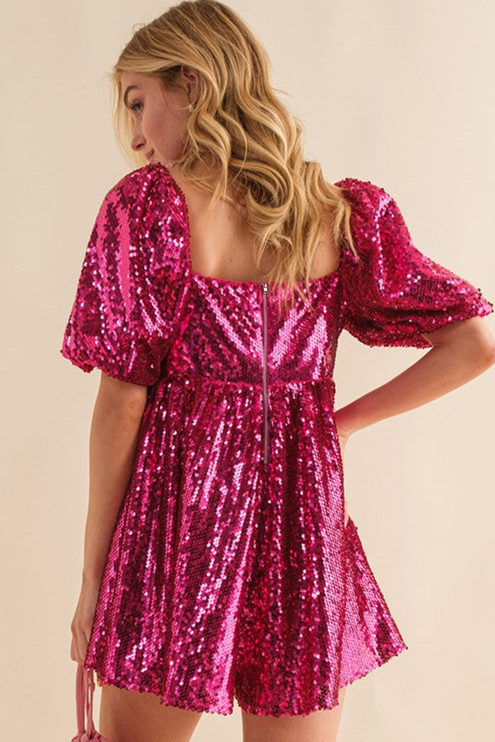 Blue Zone Planet | Rose Red Short Puff Sleeve Sequin Babydoll Romper-Bottoms/Jumpsuits & Rompers-[Adult]-[Female]-2022 Online Blue Zone Planet