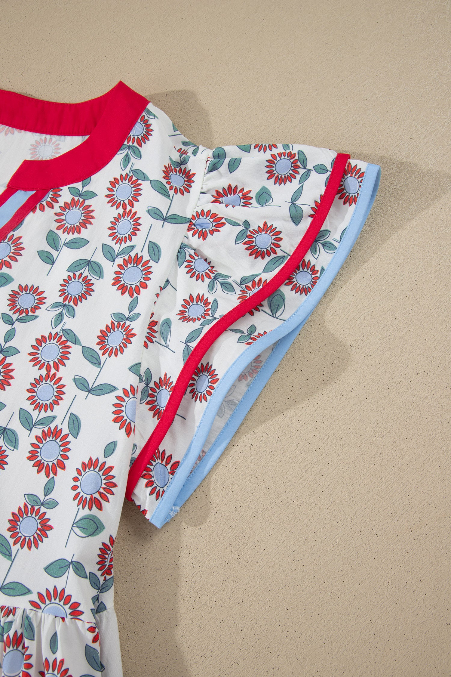 Sky Blue Floral Print Contrast Trim Flutter Sleeve Mini Dress-TOPS / DRESSES-[Adult]-[Female]-2022 Online Blue Zone Planet