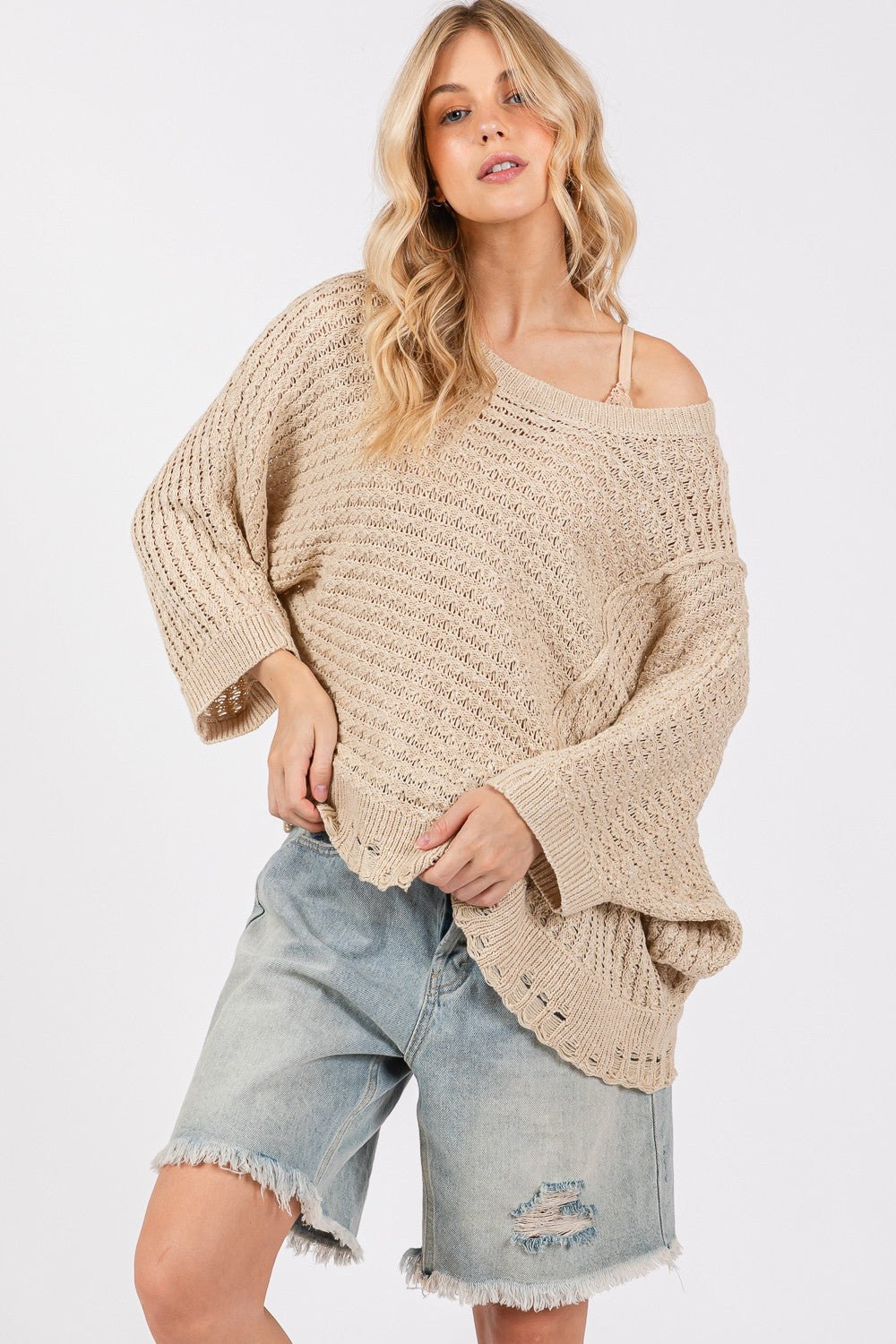 SAGE + FIG Distressed Asymmetrical Open Stitch Sweater-TOPS / DRESSES-[Adult]-[Female]-2022 Online Blue Zone Planet