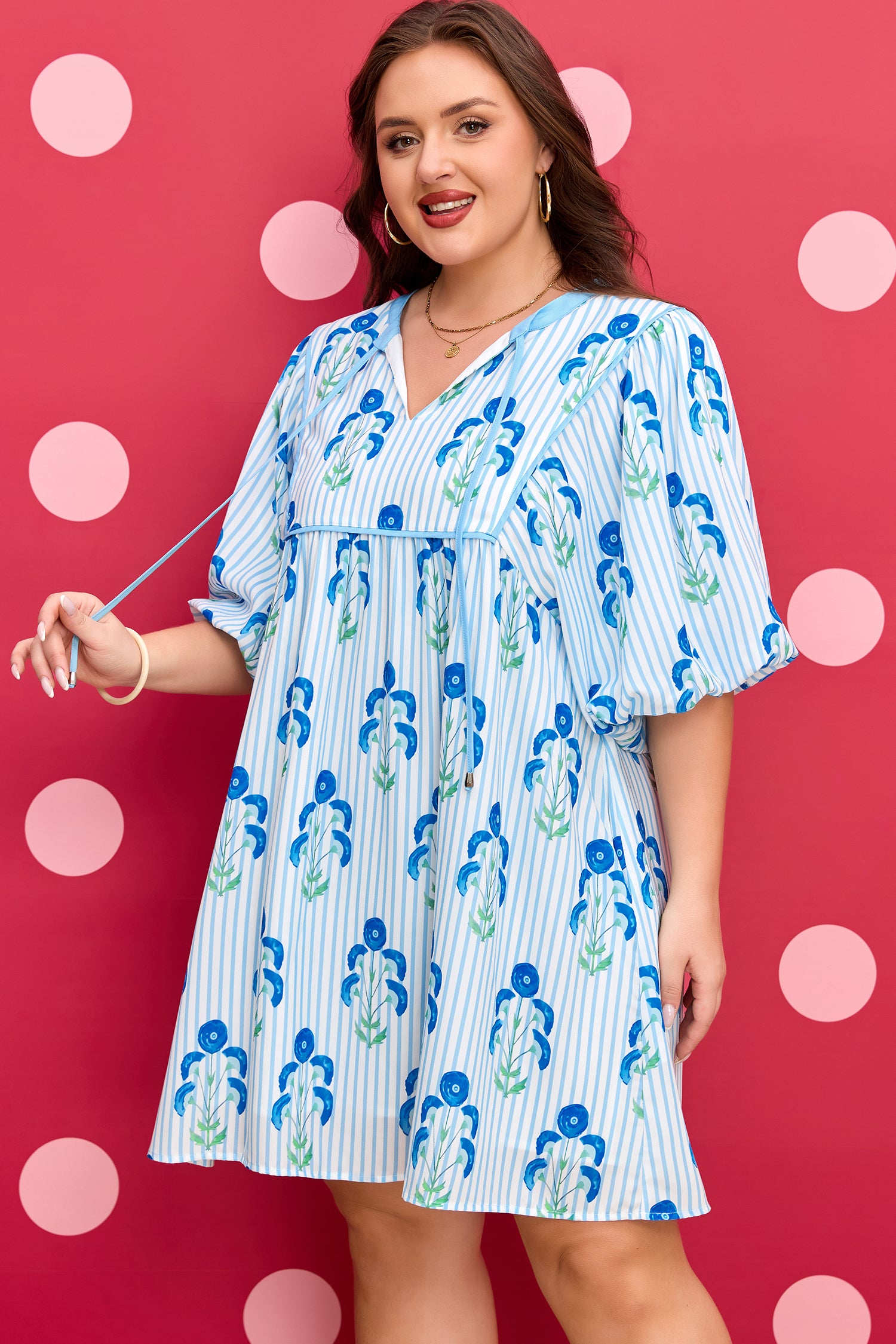 Sky Blue Floral Striped Bubble Short Sleeve Plus Size Dress-TOPS / DRESSES-[Adult]-[Female]-2022 Online Blue Zone Planet