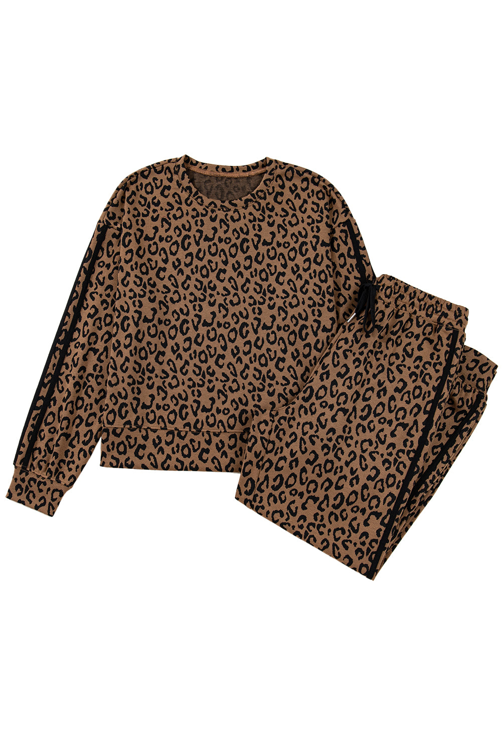Brown Varsity Striped Trim Leopard Long Sleeve Top Drawstring Pant Set-Two Piece Sets/Pant Sets-[Adult]-[Female]-2022 Online Blue Zone Planet