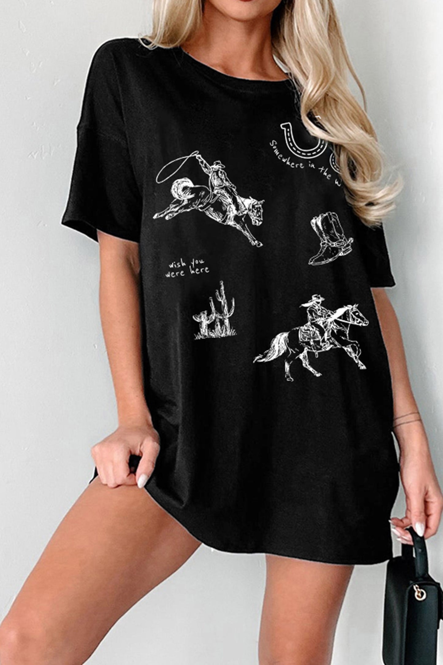 Black Western Cowboy Print Oversized Tunic Tee