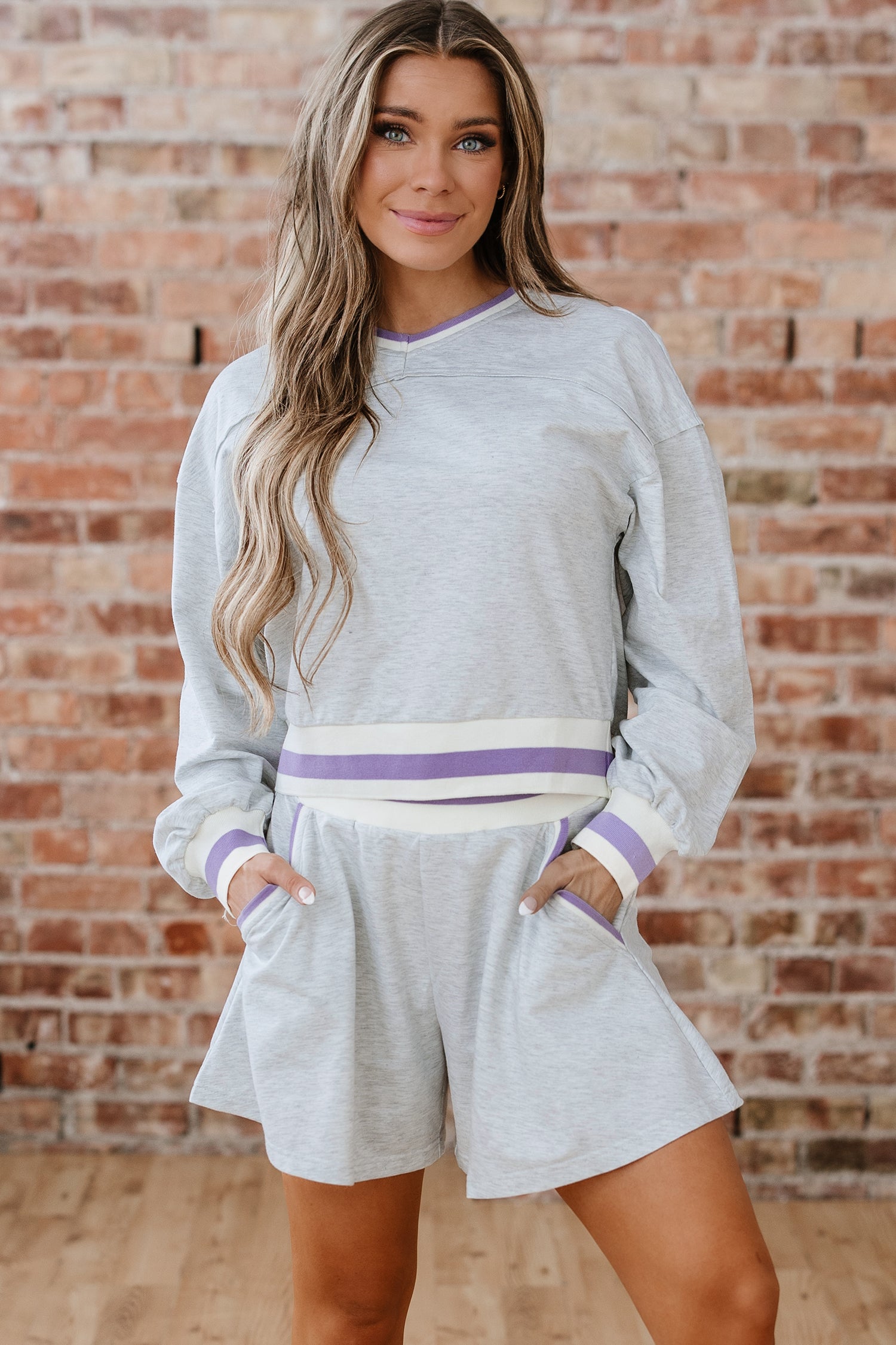 Light Grey Contrast Striped BAnds Cropped Pullover and Athletic Short Set-Two Piece Sets/Short Sets-[Adult]-[Female]-2022 Online Blue Zone Planet