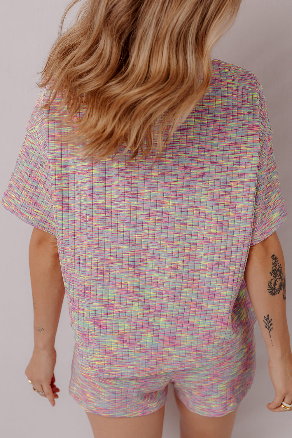 Multicolour Printed Ribbed Knit T Shirt and Shorts Lounge Set-Loungewear & Sleepwear/Loungewear-[Adult]-[Female]-2022 Online Blue Zone Planet