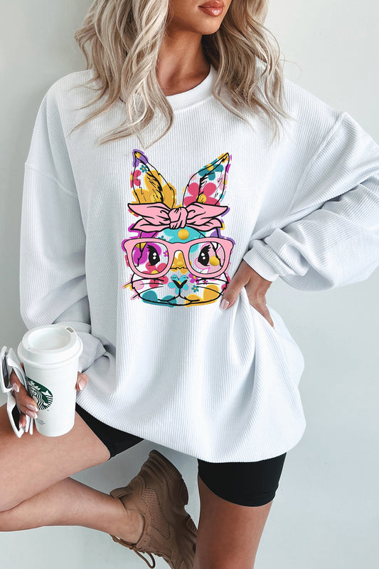 White Floral Rabbit with Glasses Graphic Corded Easter Sweatshirt-Graphic/Graphic Sweatshirts-[Adult]-[Female]-White-S-2022 Online Blue Zone Planet