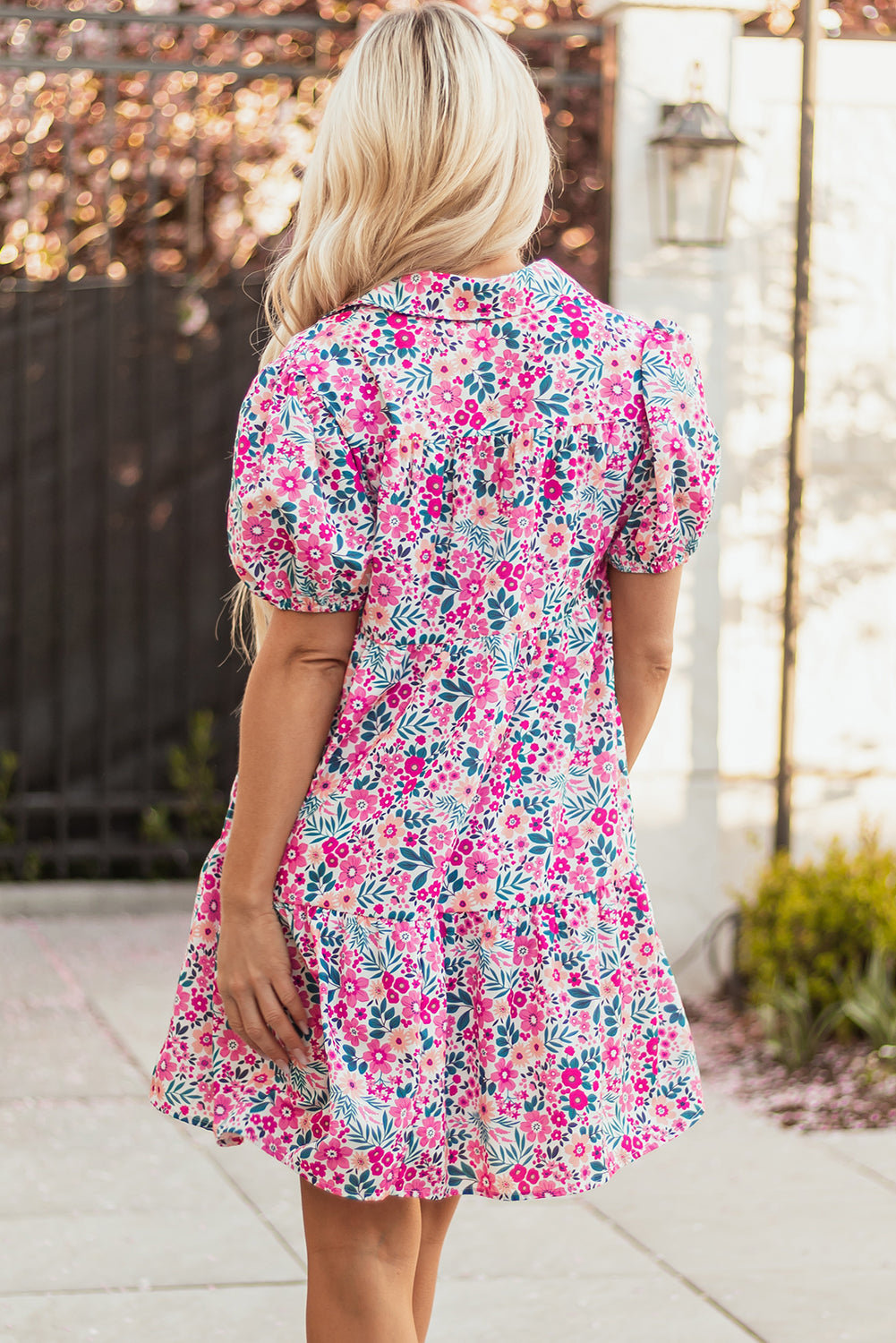 Pink Floral Collared Half Placket Short Sleeve Loose Dress-TOPS / DRESSES-[Adult]-[Female]-2022 Online Blue Zone Planet