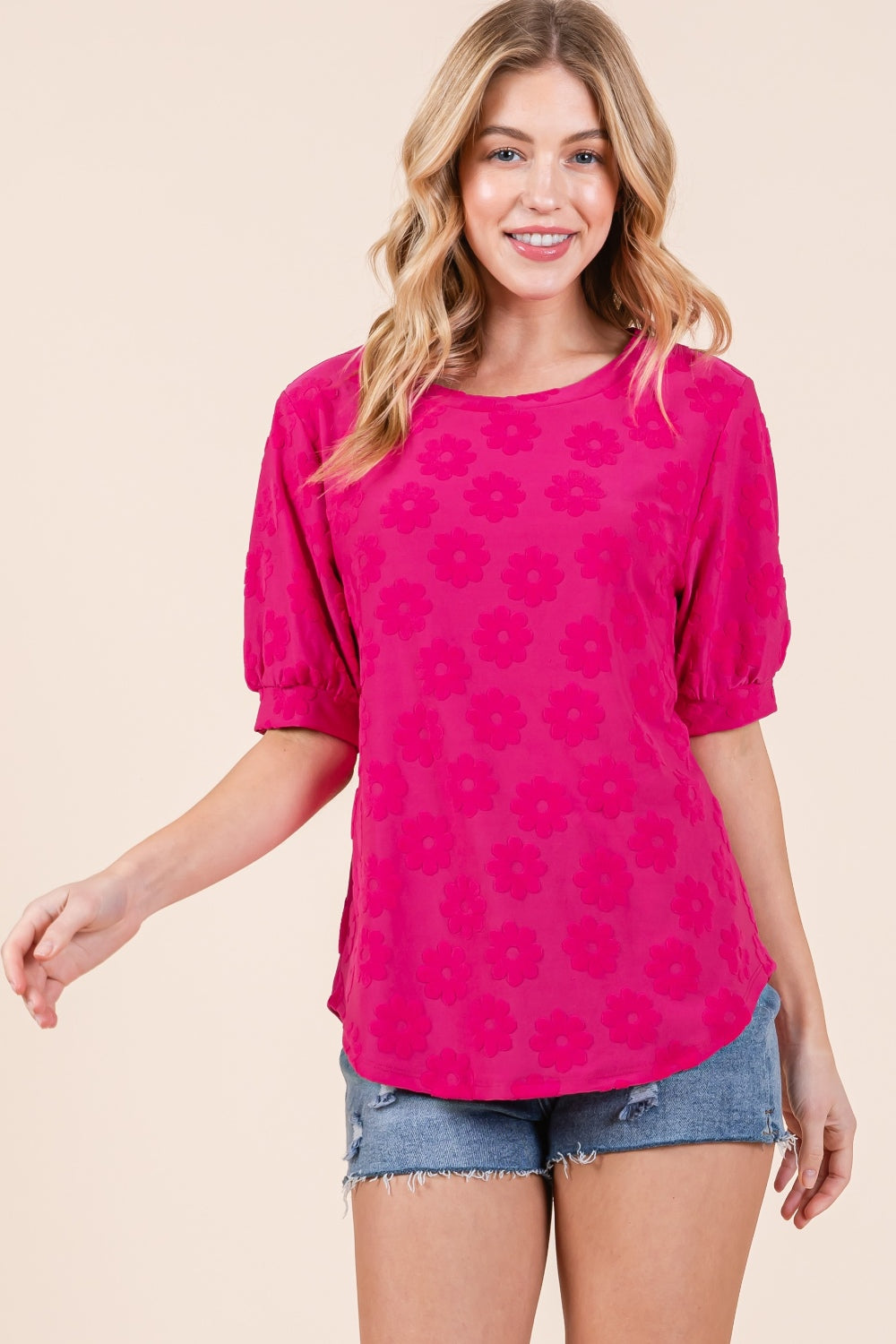 BOMBOM Textured Floral Pattern Top-TOPS / DRESSES-[Adult]-[Female]-2022 Online Blue Zone Planet