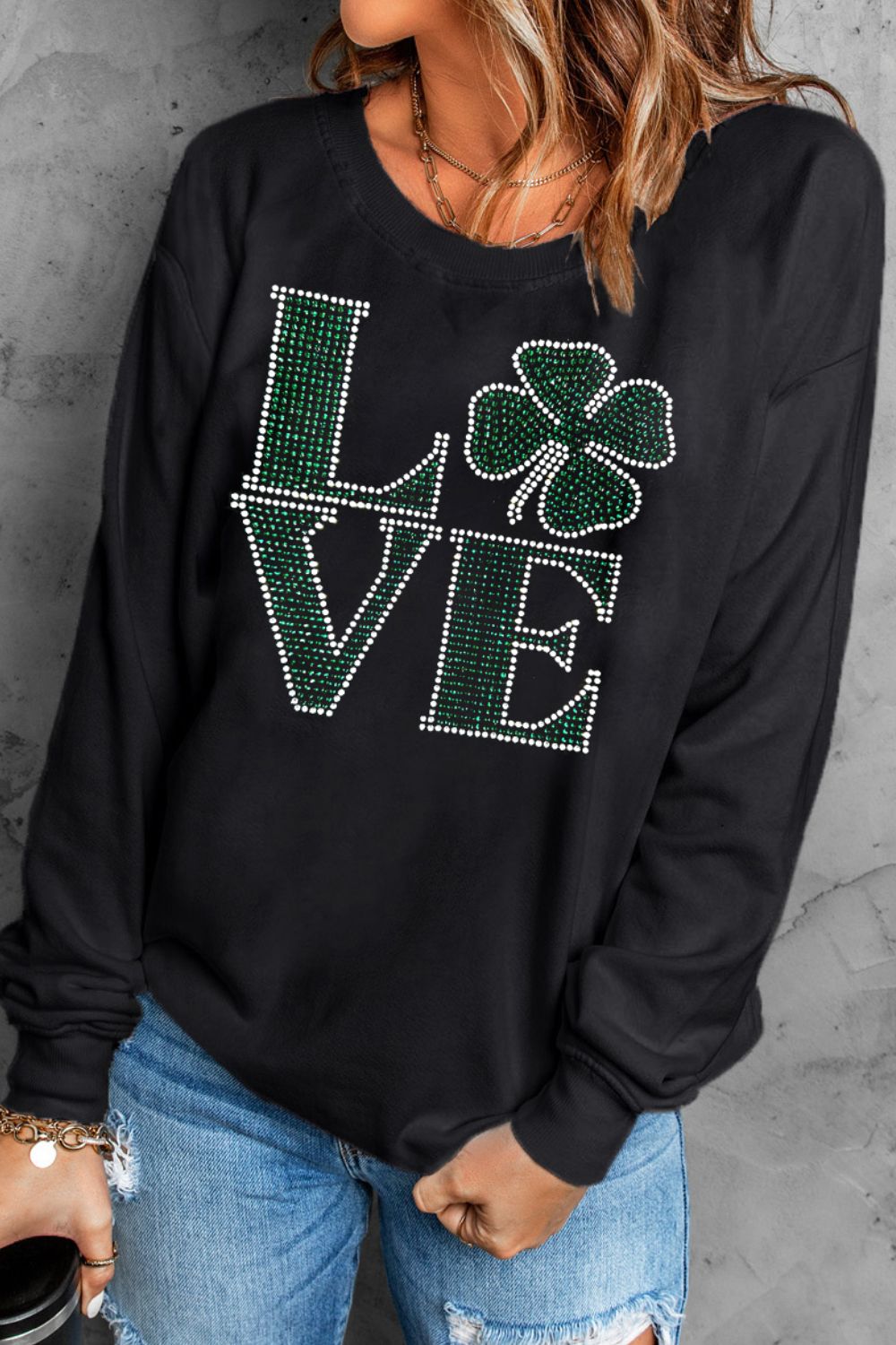 LOVE Rhinestone Clover Round Neck Sweatshirt-TOPS / DRESSES-[Adult]-[Female]-2022 Online Blue Zone Planet