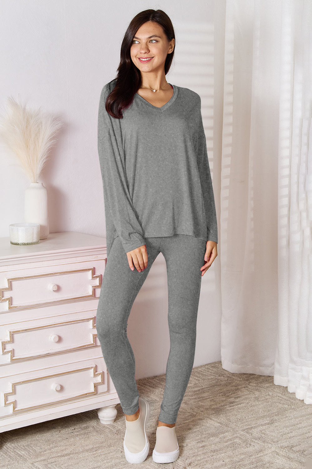 Basic Bae Bamboo Full Size V-Neck Long Sleeve Top and Pants Lounge Set-TOPS / DRESSES-[Adult]-[Female]-Gray-S-2022 Online Blue Zone Planet