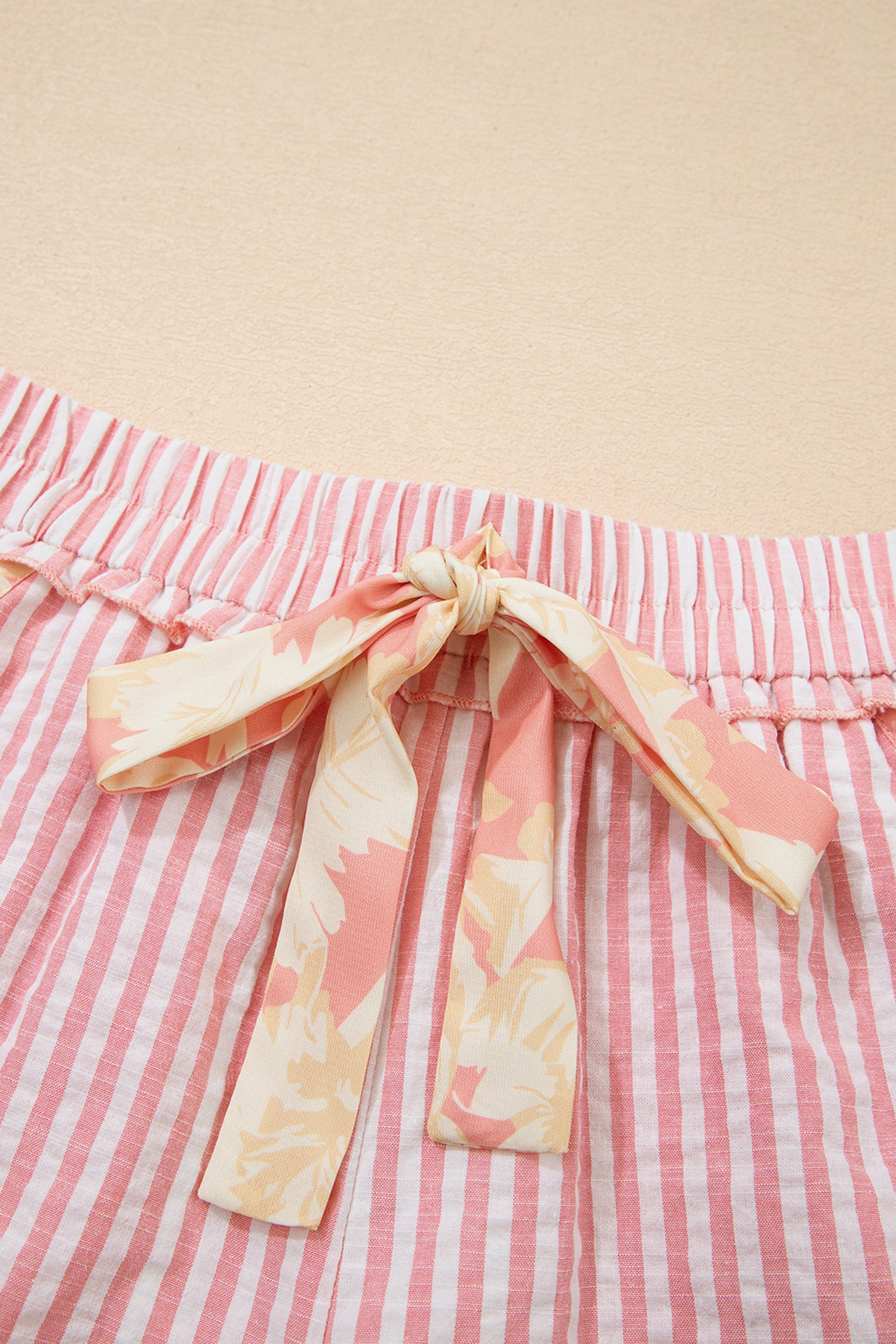 Light Pink Floral Trim Ribbon Knot Striped Casual Shorts-Bottoms/Casual Shorts-[Adult]-[Female]-2022 Online Blue Zone Planet