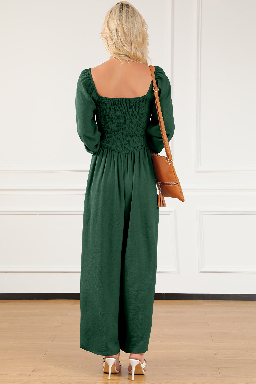 Green Smocked Square Neck Long Sleeve Wide Leg Jumpsuit-Jumpsuits-[Adult]-[Female]-2022 Online Blue Zone Planet