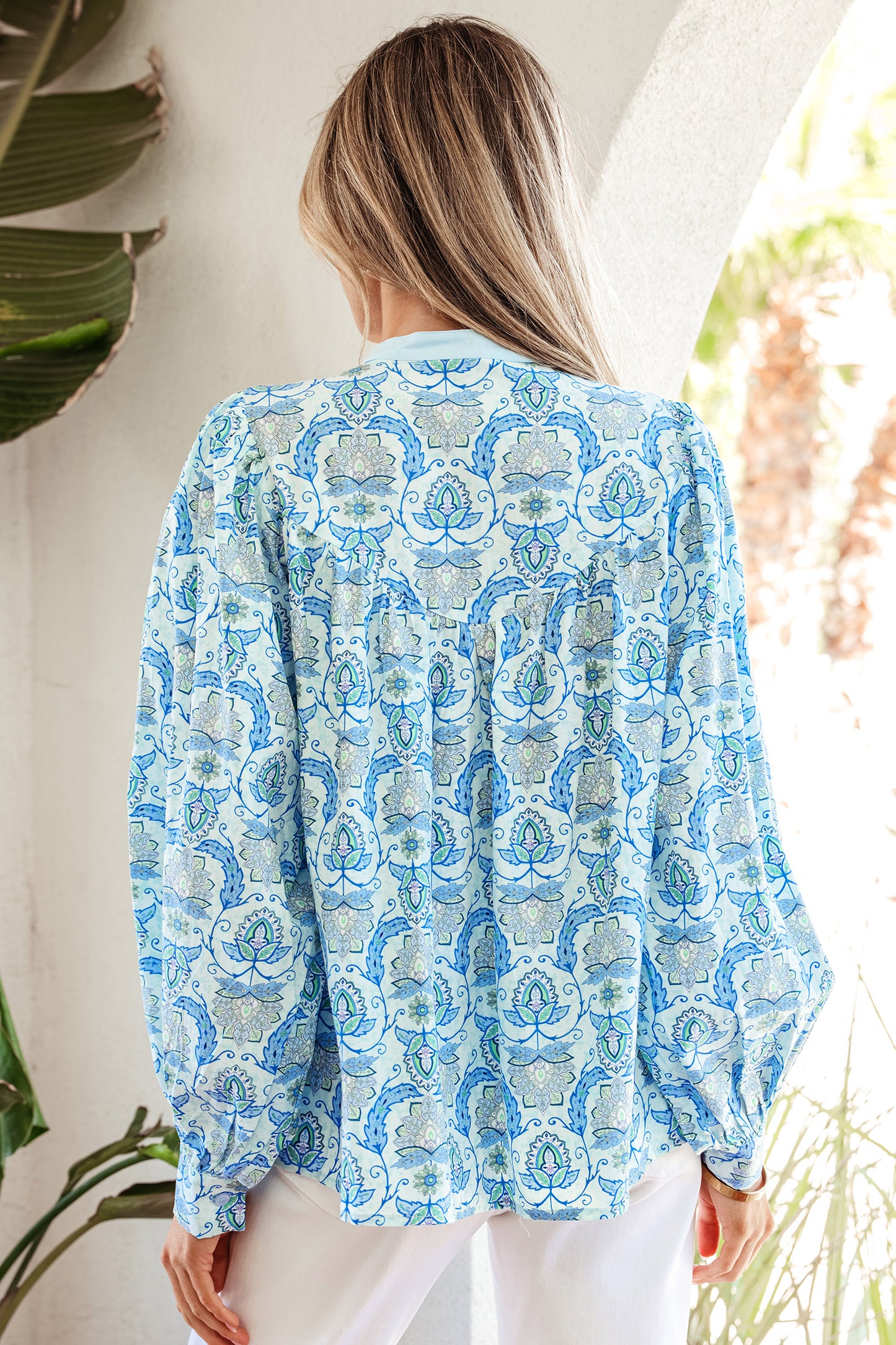 Sky Blue Paisley Print Puff Sleeve Loose Shirt-Tops/Blouses & Shirts-[Adult]-[Female]-2022 Online Blue Zone Planet