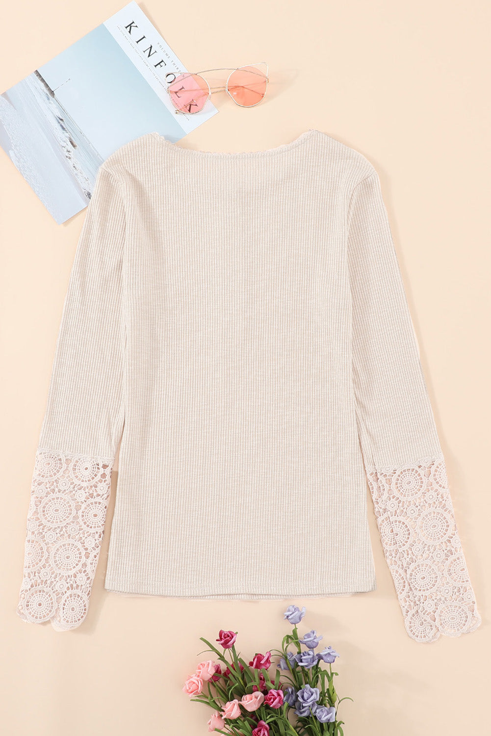 Beige Crochet Lace Hem Sleeve Button Top-Tops/Long Sleeve Tops-[Adult]-[Female]-2022 Online Blue Zone Planet