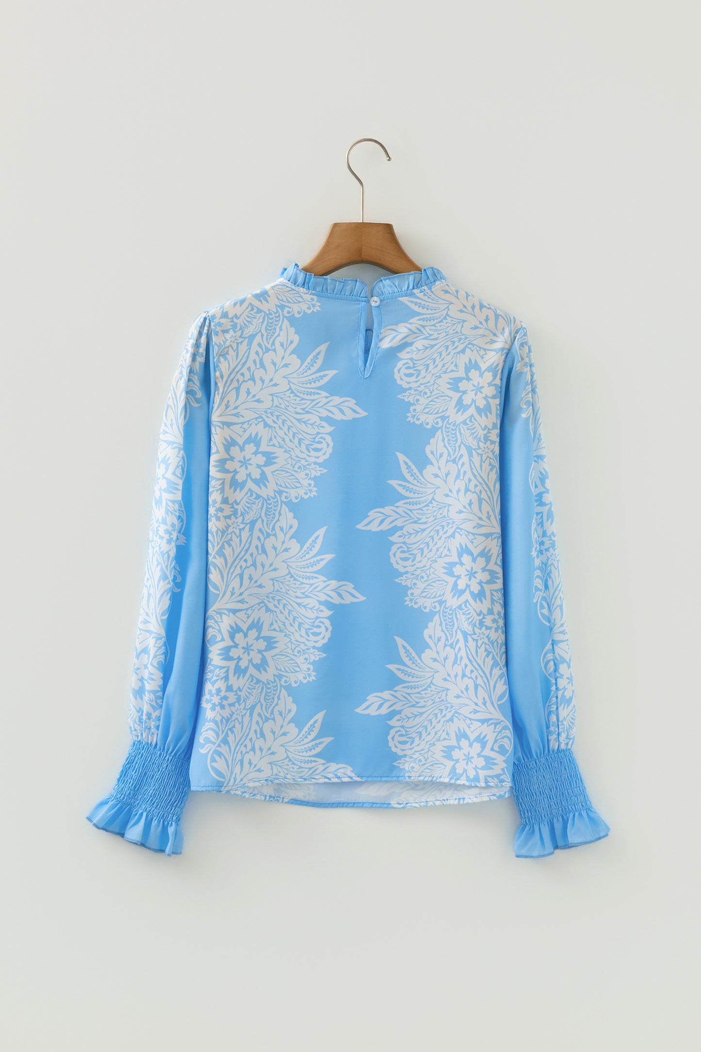 Sky Blue Ruffled Collar Puff Sleeve Flower Blouse-Tops/Blouses & Shirts-[Adult]-[Female]-2022 Online Blue Zone Planet