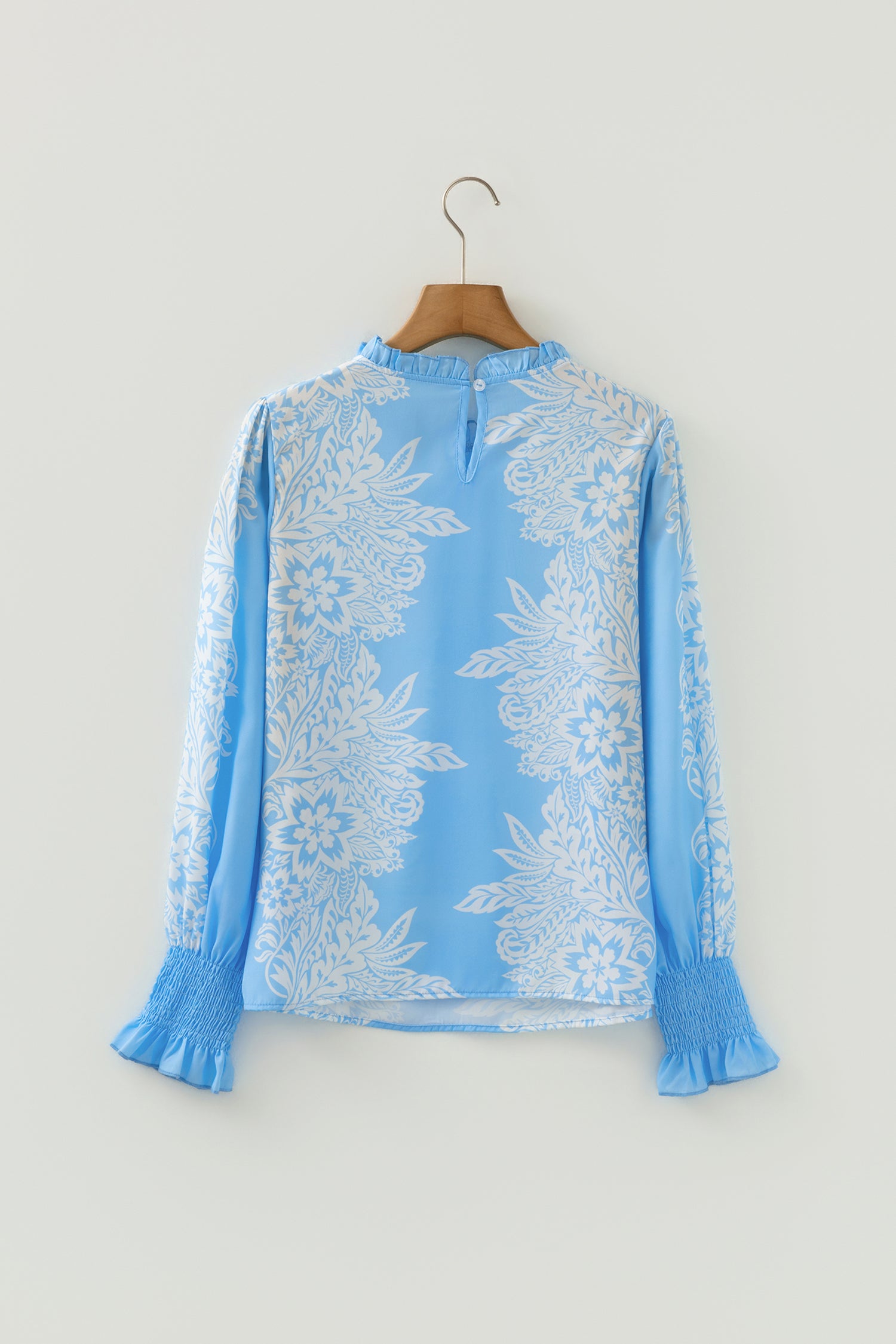 Sky Blue Ruffled Collar Puff Sleeve Flower Blouse-Tops/Blouses & Shirts-[Adult]-[Female]-2022 Online Blue Zone Planet