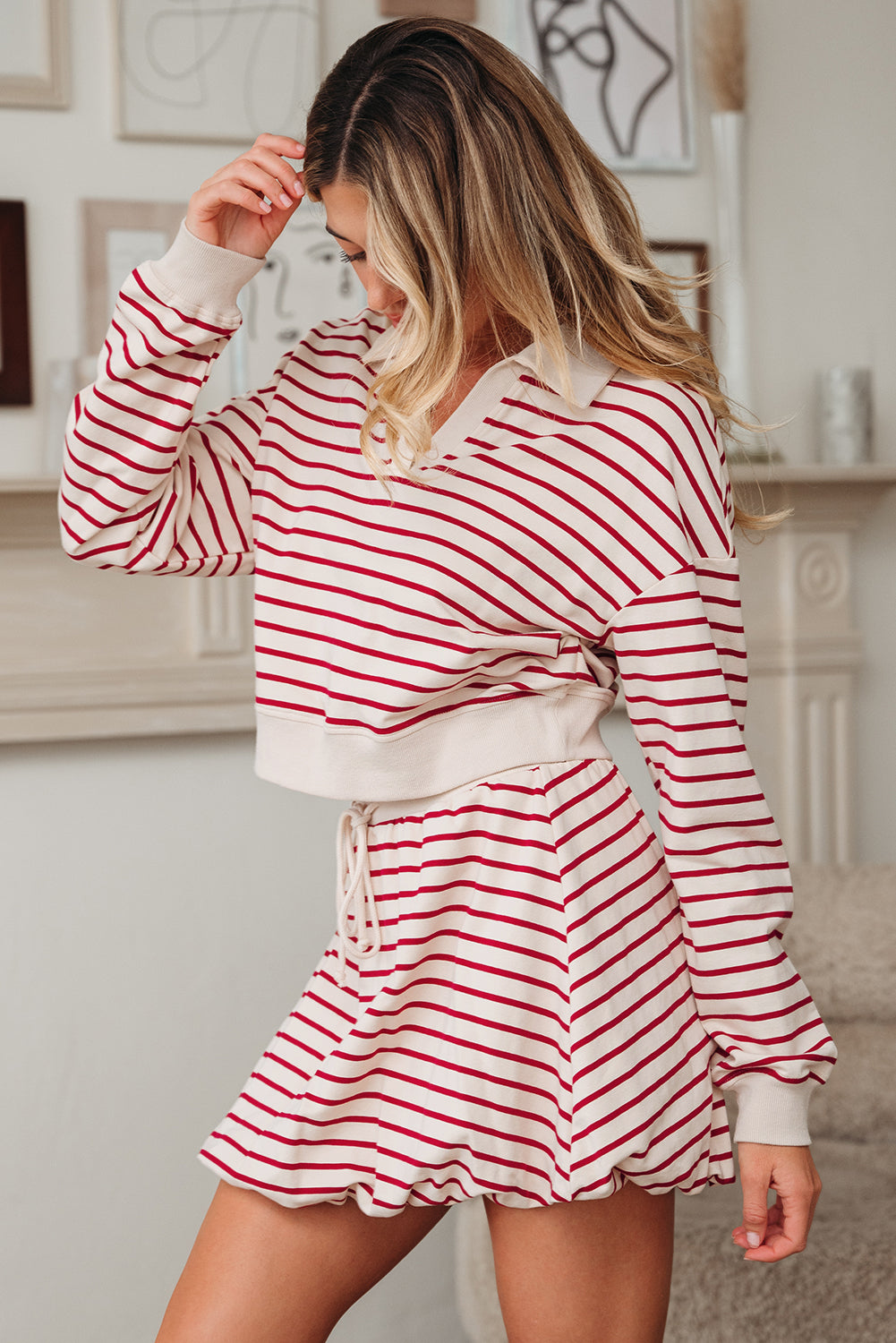 Red Stripe Cropped Collared Drop Shoulder Pullover And Bubble Mini Skirt Set-Two Piece Sets/Two Piece Dresses-[Adult]-[Female]-2022 Online Blue Zone Planet