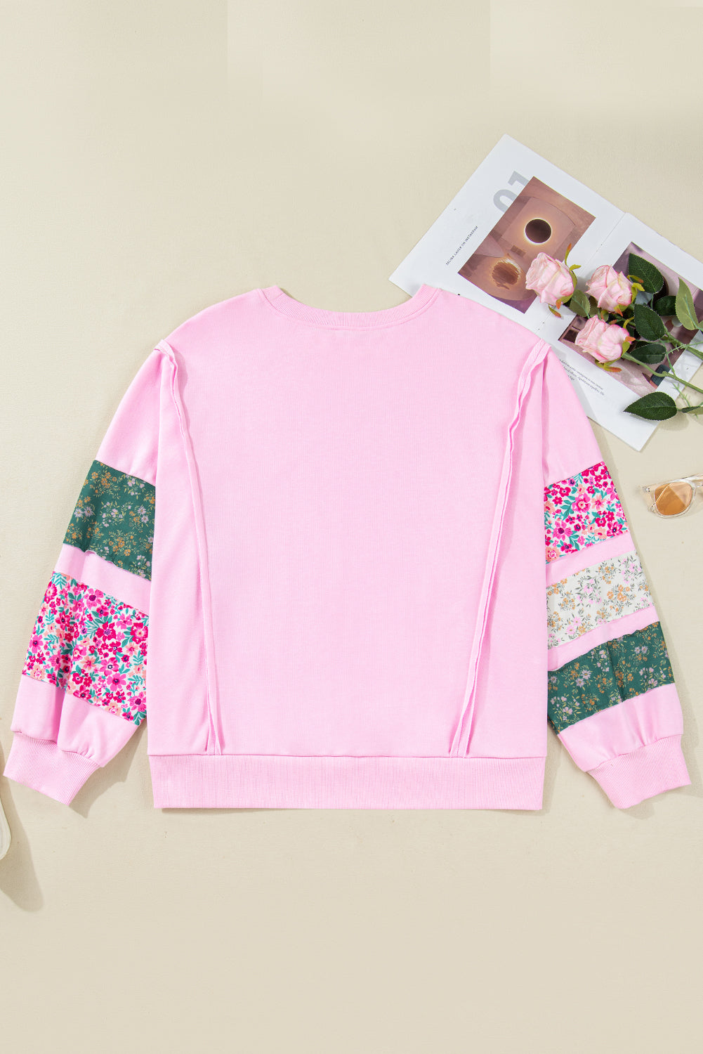 Pink Plus Size Mix Floral Patched Sleeve Ribbed Trim Baggy Sweatshirt-Plus Size/Plus Size Sweatshirts & Hoodies-[Adult]-[Female]-2022 Online Blue Zone Planet