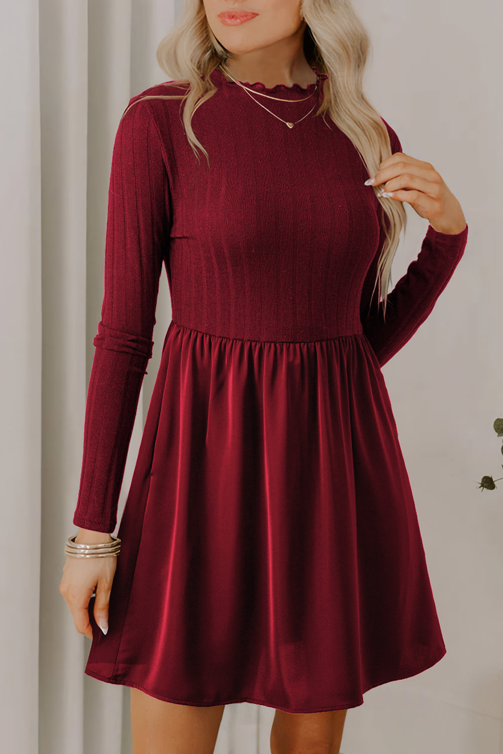 Red Dahlia Frilled Neck Ribbed Knit Patchwork Long Sleeve Mini Dress-TOPS / DRESSES-[Adult]-[Female]-Red Dahlia-S-2022 Online Blue Zone Planet