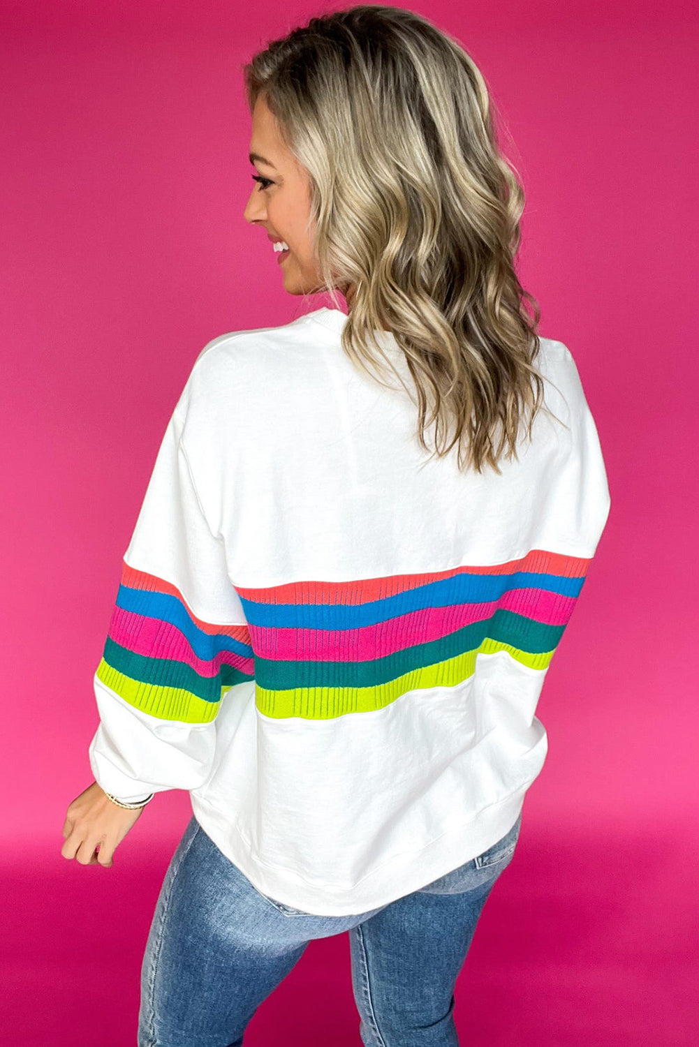 Blue Zone Planet | White Plus Size Colorful Striped Drop Shoulder Loose Sweatshirt-Plus Size/Plus Size Sweatshirts & Hoodies-[Adult]-[Female]-2022 Online Blue Zone Planet