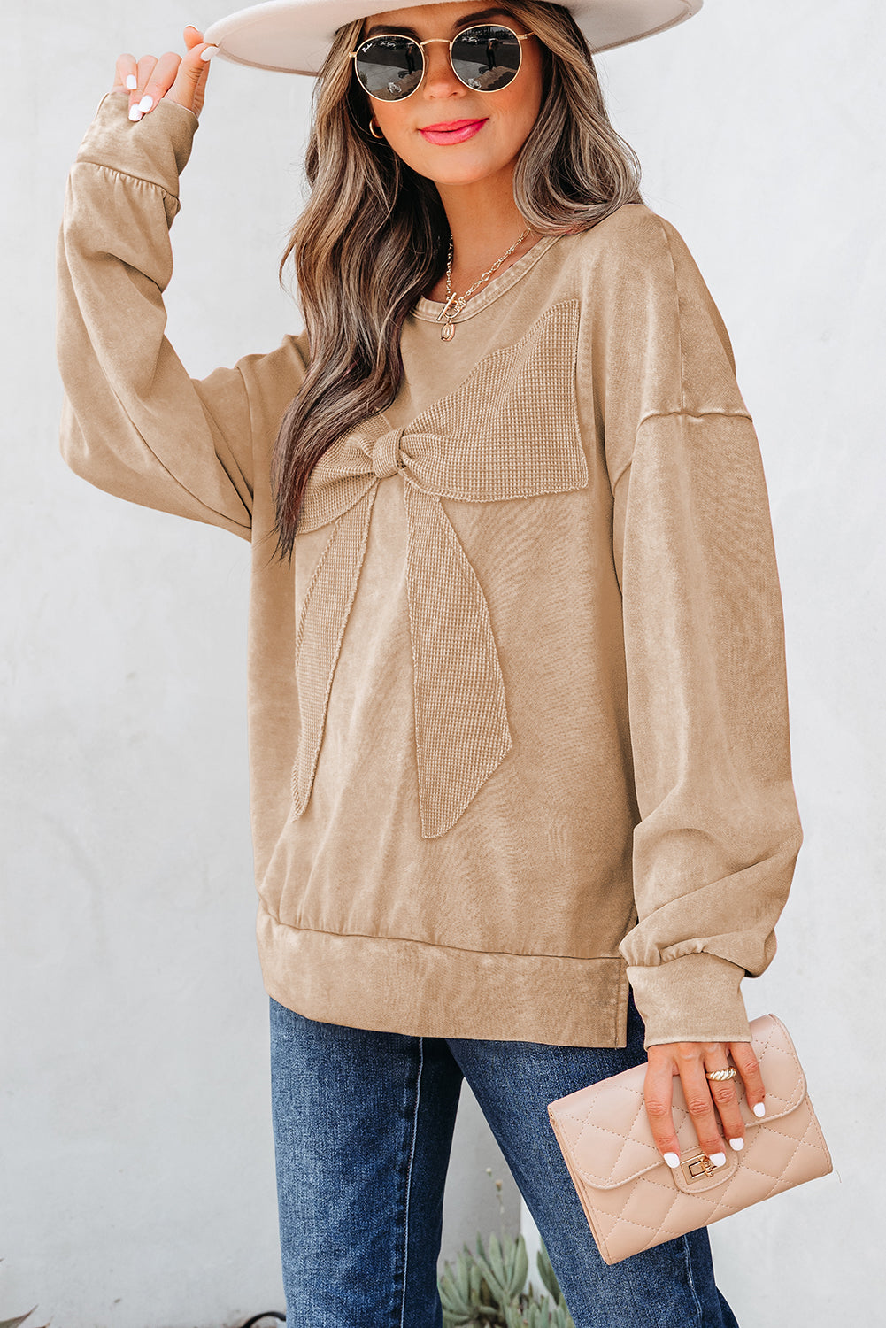 Light French Beige Mineral Wash Big Bow Patchwork Pullover Sweatshirt-Tops/Sweatshirts & Hoodies-[Adult]-[Female]-2022 Online Blue Zone Planet