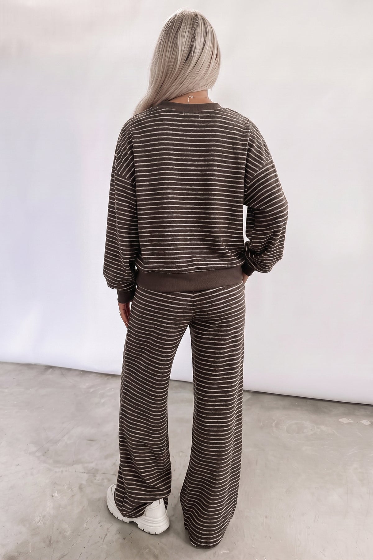 Black Stripe Cozy Terry Knit Long Sleeve Pullover Pocketed Shift Pants 2pcs Sets-Two Piece Sets/Pant Sets-[Adult]-[Female]-2022 Online Blue Zone Planet