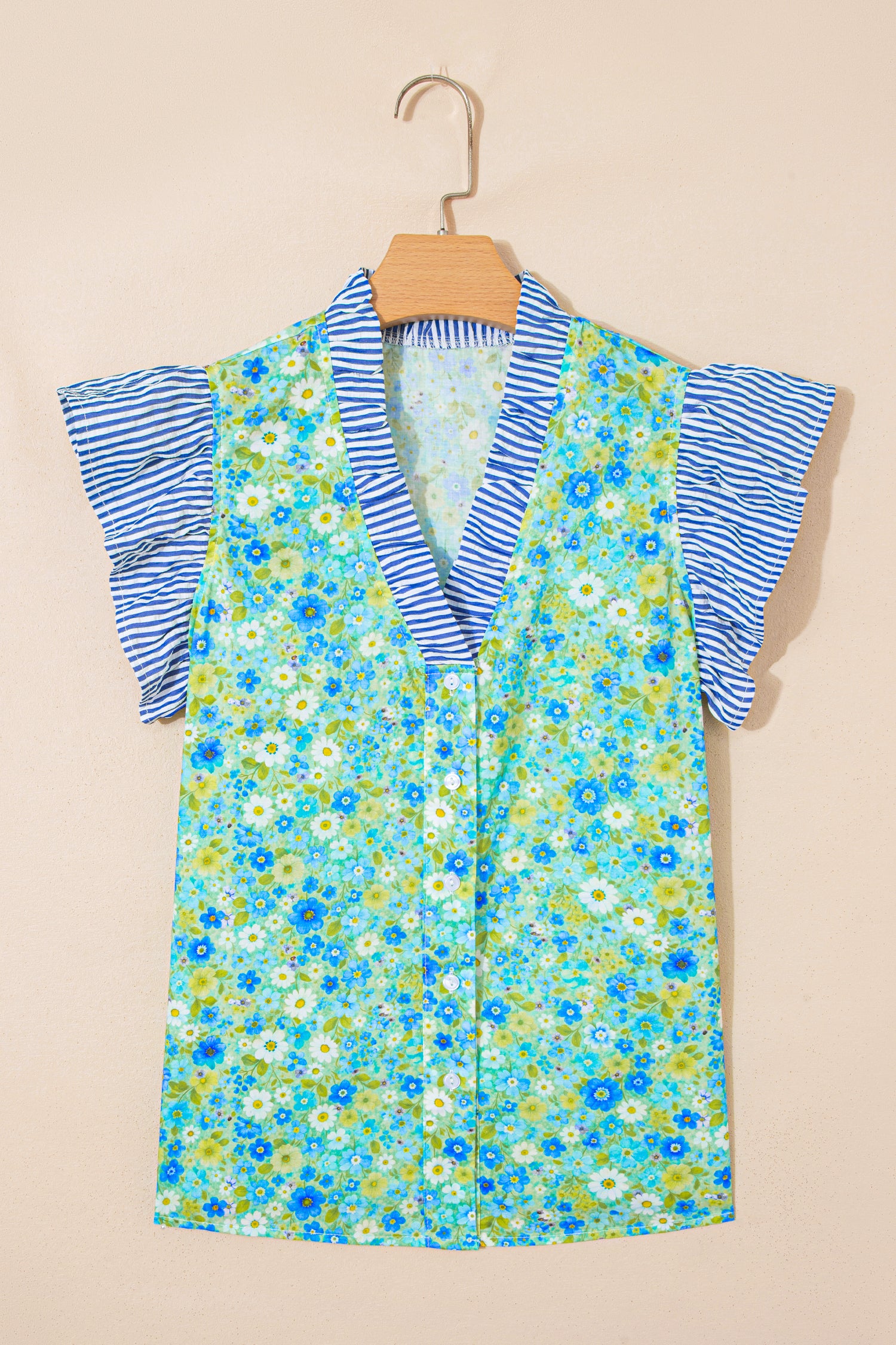 Green Floral Painting Print Striped Patchwork Flutter Sleeve V Neck Blouse-Tops/Blouses & Shirts-[Adult]-[Female]-2022 Online Blue Zone Planet