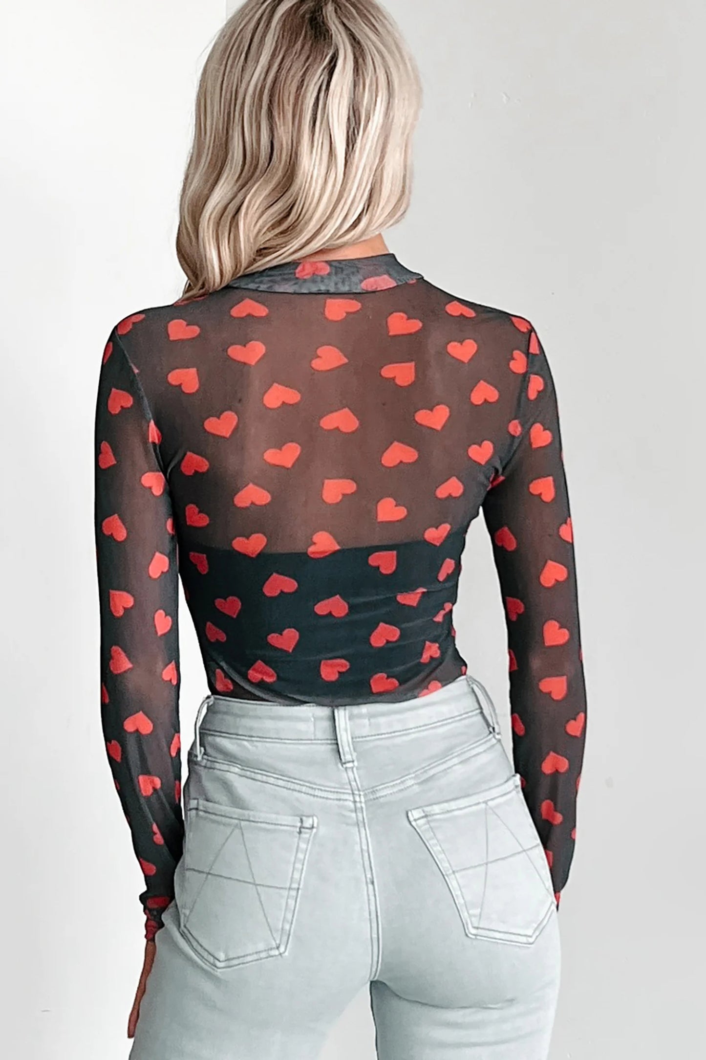 Black Valentines Heart Printed Sheer Mesh Long Sleeve Top-Tops/Long Sleeve Tops-[Adult]-[Female]-2022 Online Blue Zone Planet