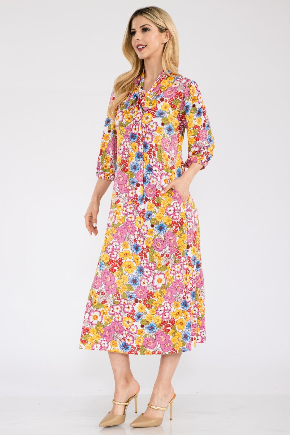 Celeste Full Size Floral Midi Dress with Bow Tied-TOPS / DRESSES-[Adult]-[Female]-Ivory Floral-S-2022 Online Blue Zone Planet