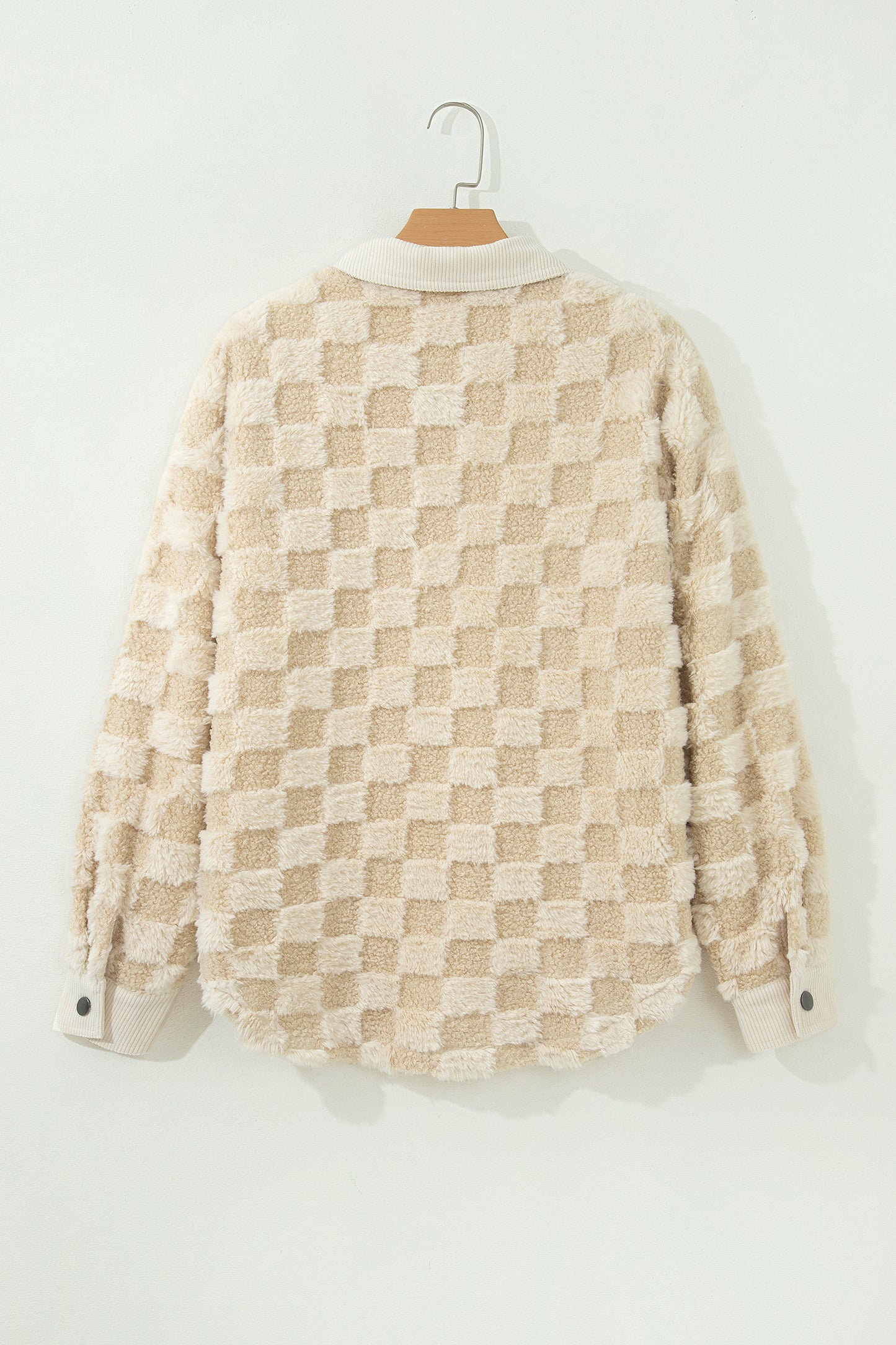 Khaki Plush Checkered Corduroy Trim Metal Button Long Sleeve Shift Silhouette Shacket-Outerwear/Jackets-[Adult]-[Female]-2022 Online Blue Zone Planet