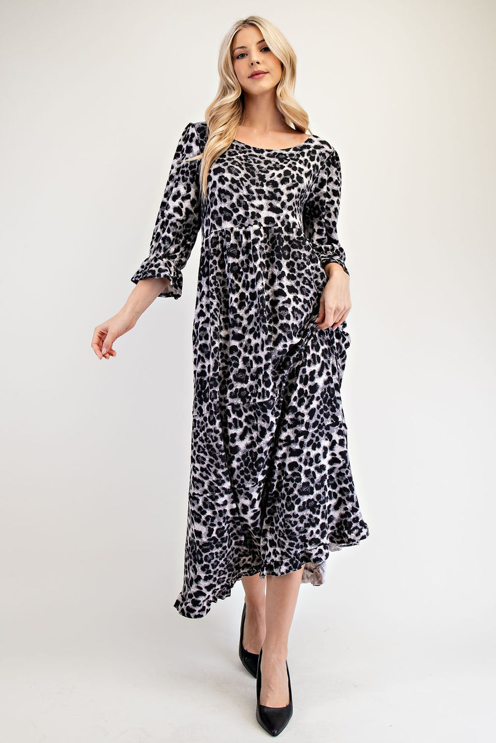 Blue Zone Planet | Celeste Full Size Leopard Round Neck Flounce Sleeve Dress-TOPS / DRESSES-[Adult]-[Female]-2022 Online Blue Zone Planet